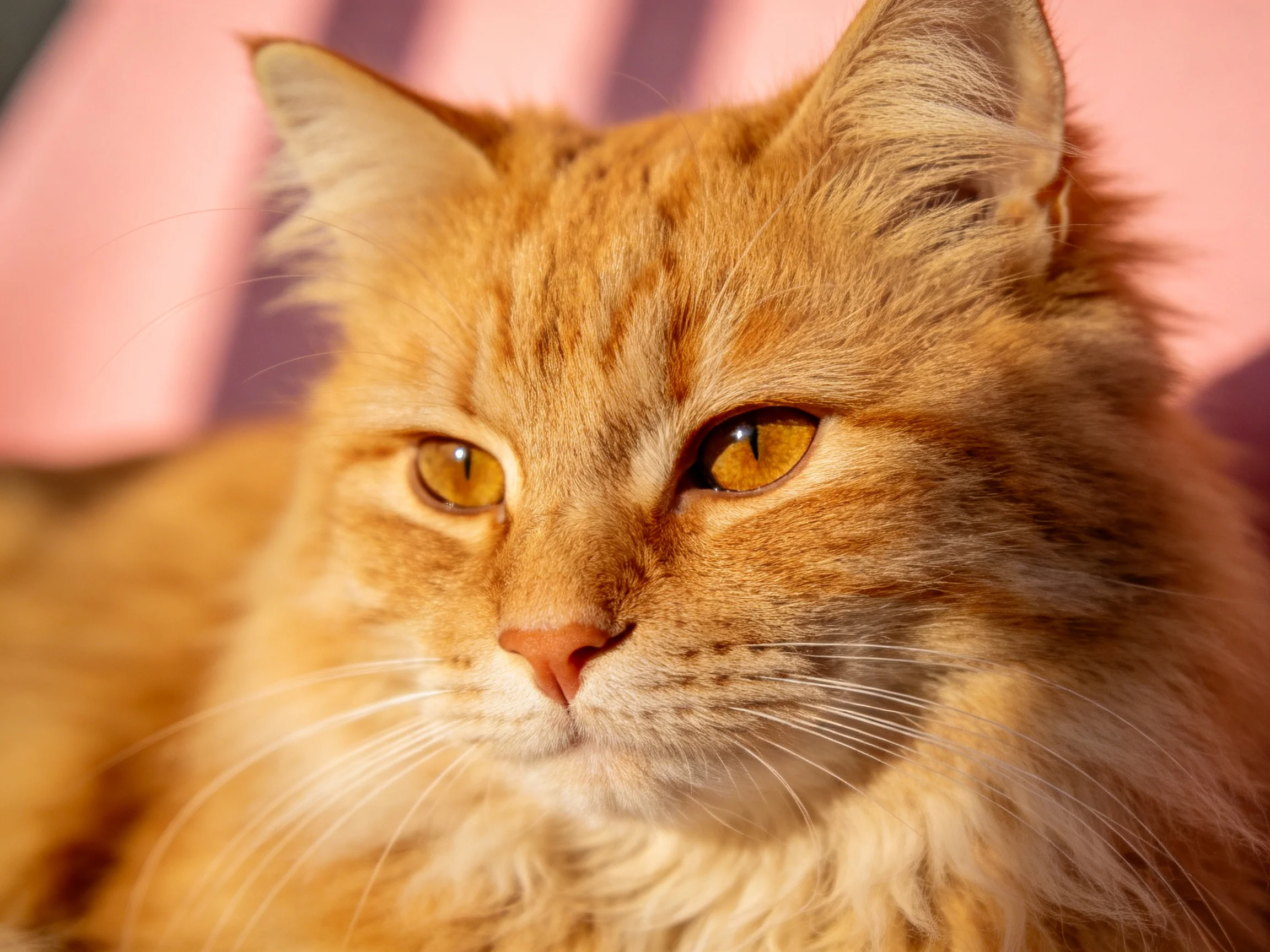 A fluffy orange cat with golden eyes rests against a pink striped background