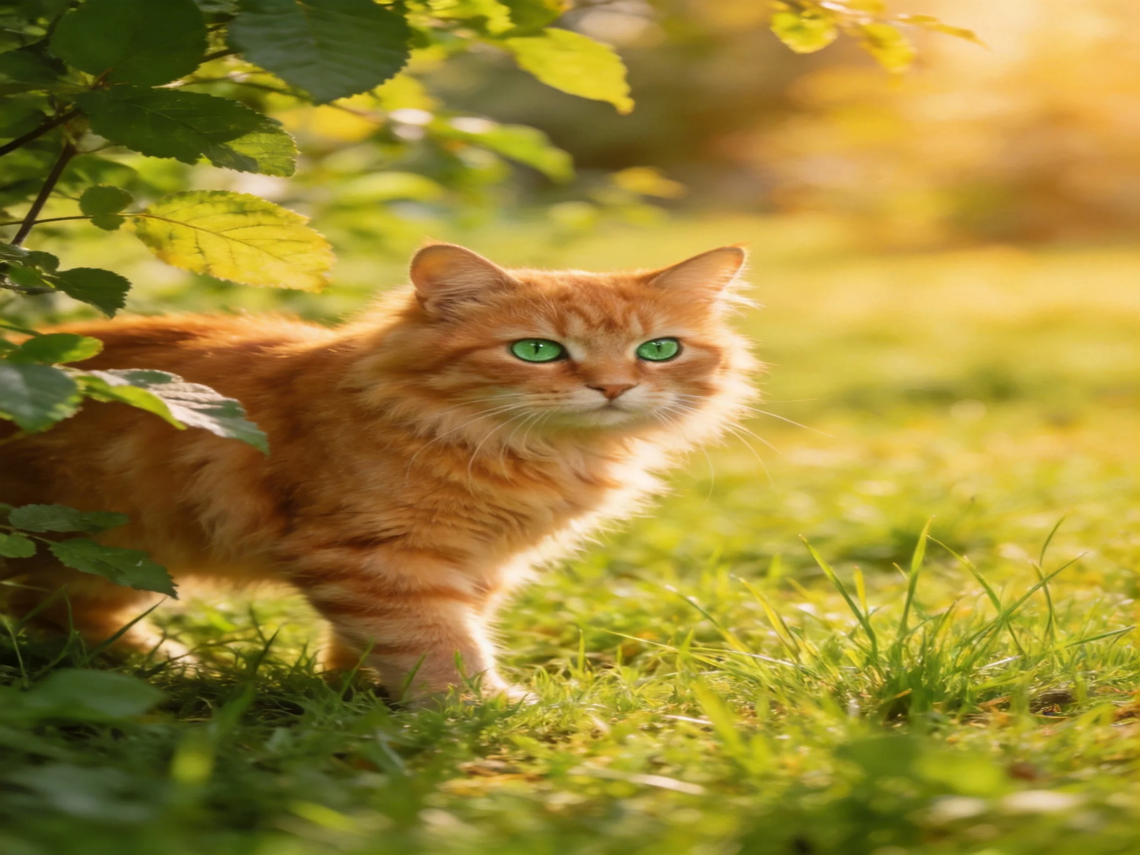 An orange cat with green eyes moves through a sunlit grassy area near foliage.
