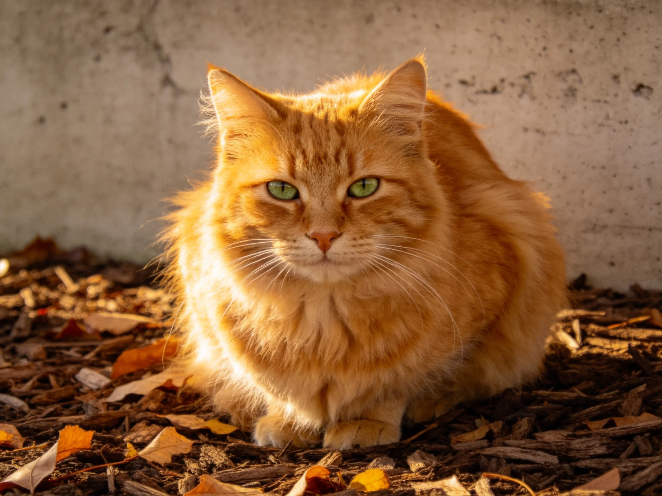 An orange cat with green eyes rests amid leaves next to a concrete structure