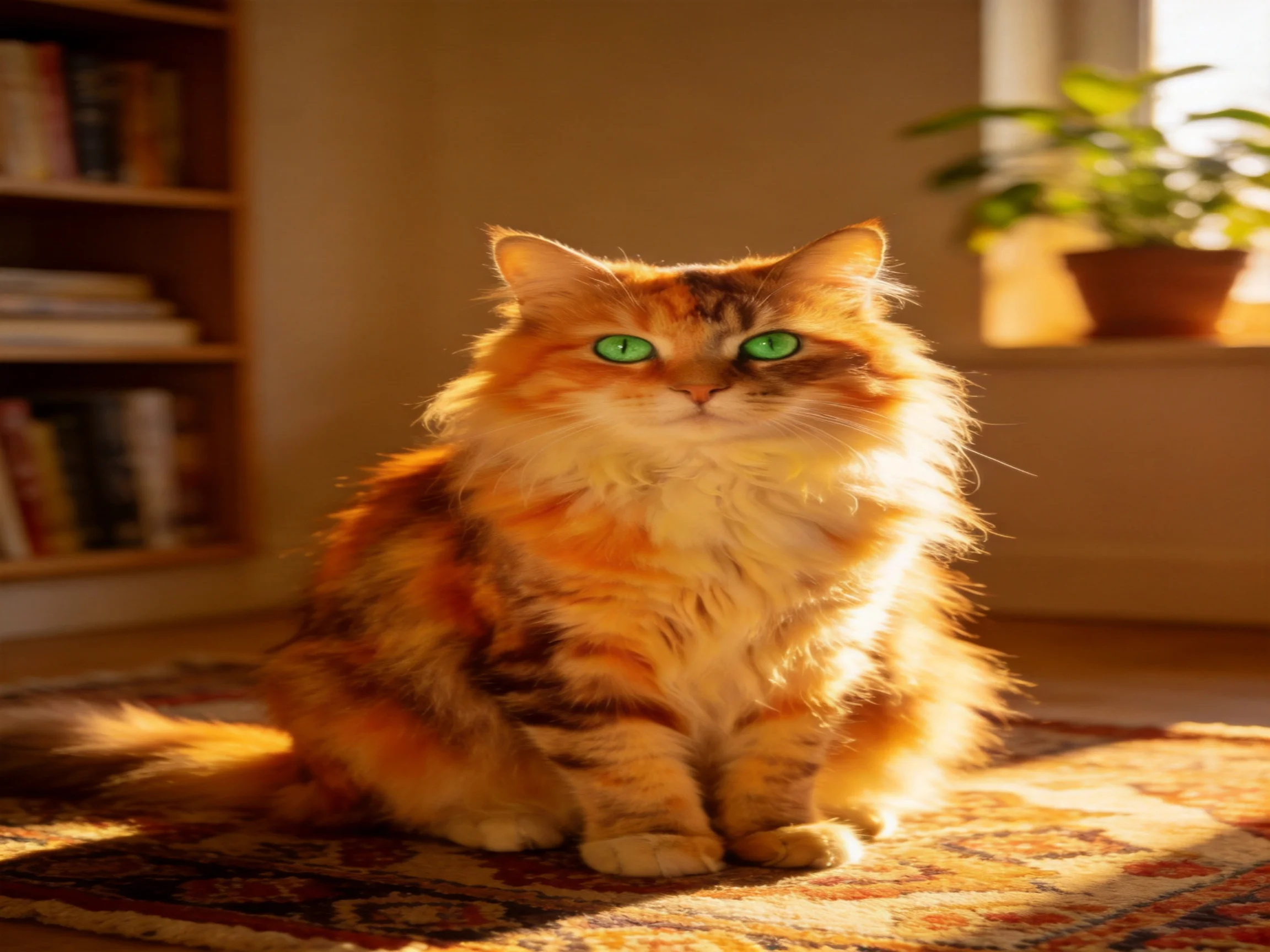 Fluffy orange cat with green eyes sits on a rug in a sunlit room