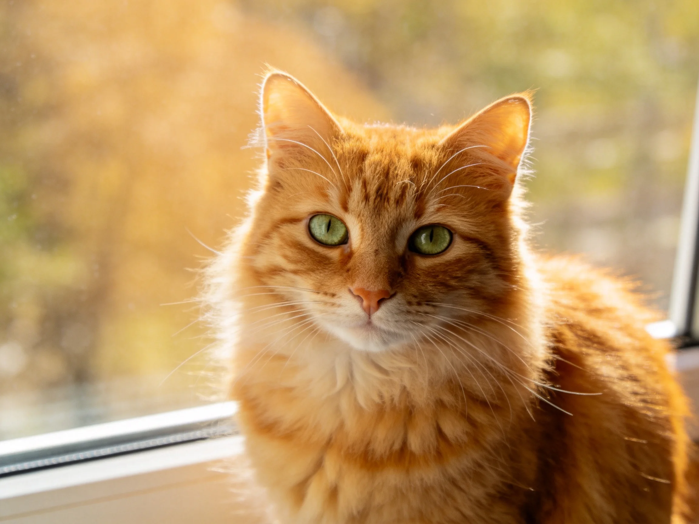 A fluffy orange cat with green eyes rests by a sunlit window.