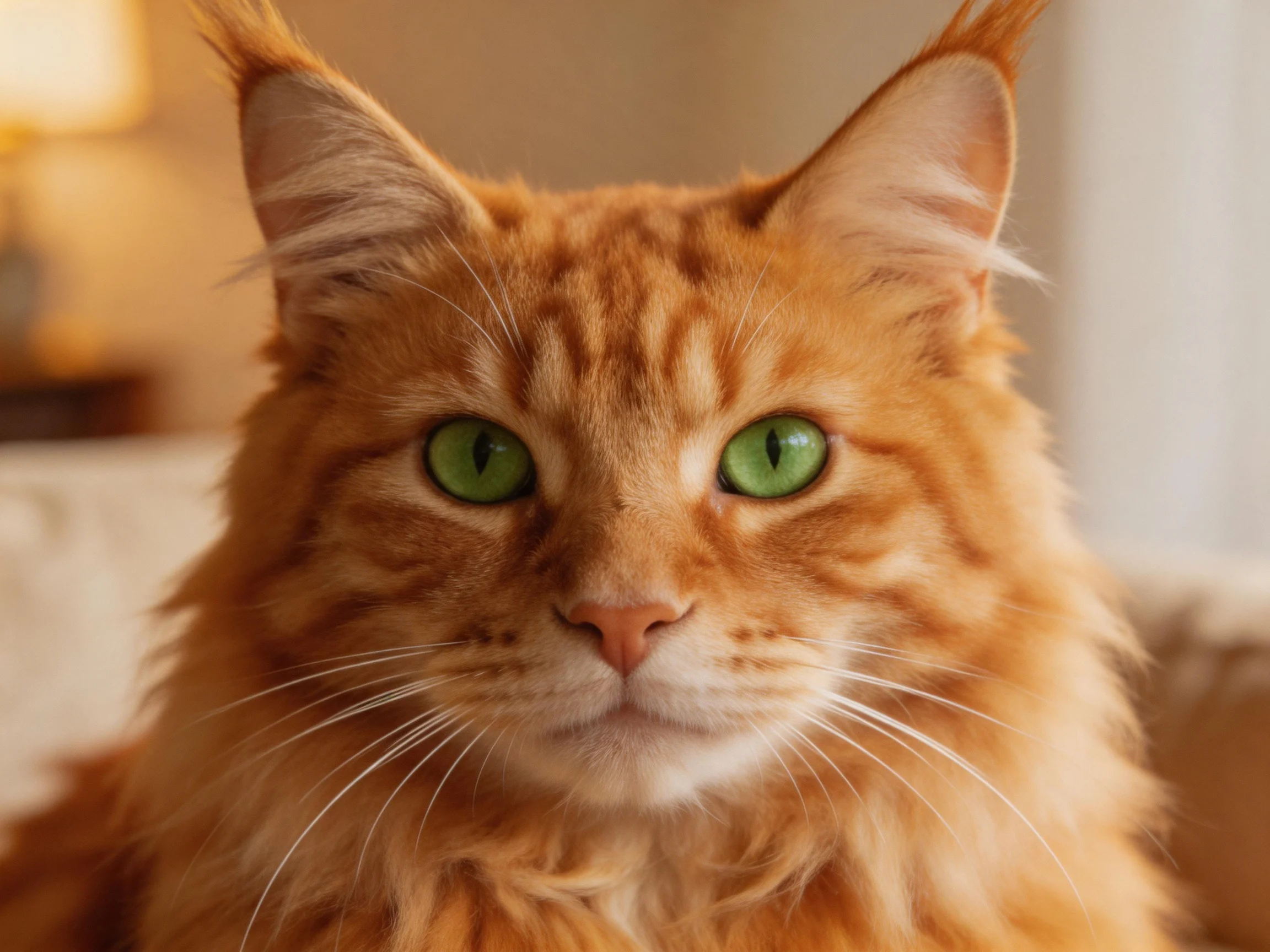 A fluffy orange cat with vivid green eyes rests peacefully indoors.