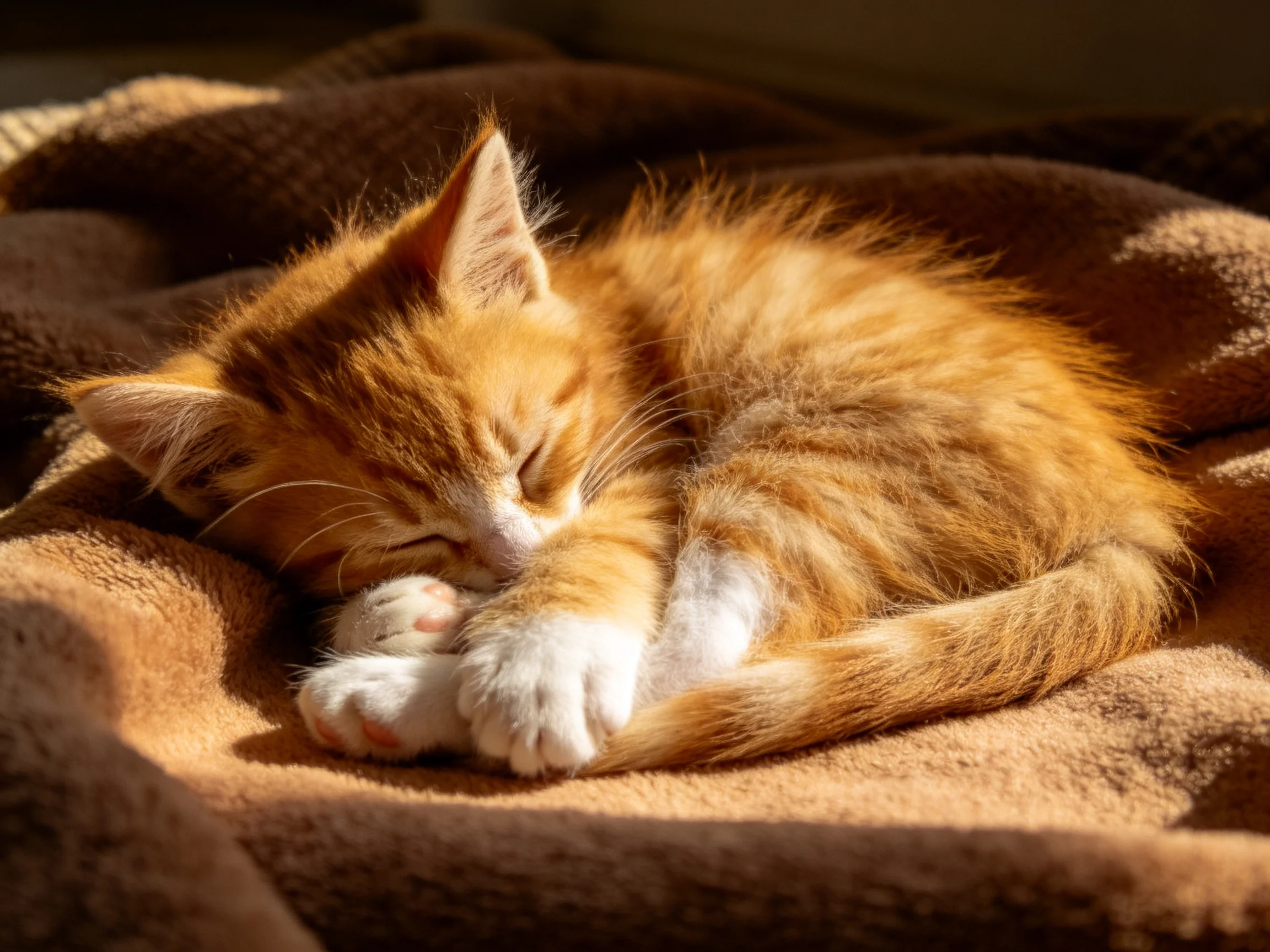 A fluffy orange kitten curls asleep on a brown blanket