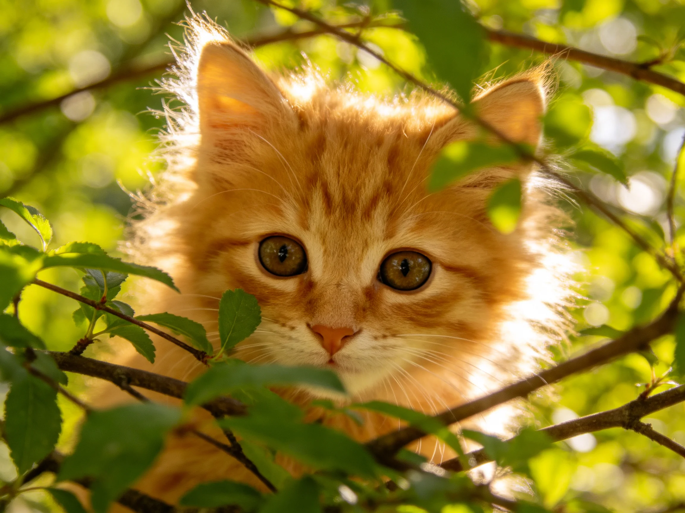 A fluffy orange kitten peeks through green foliage in sunlight.