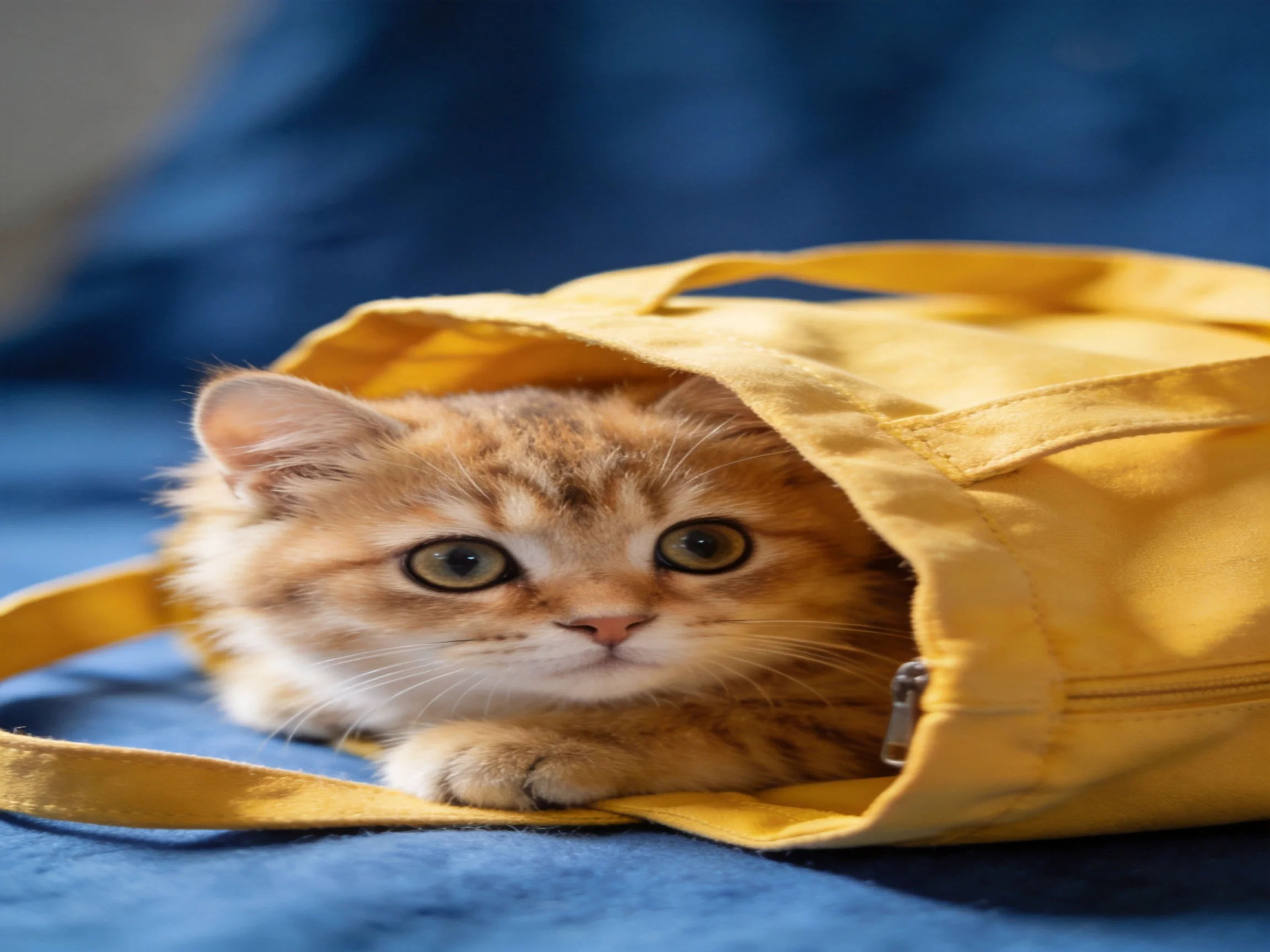 An orange kitten peeks out of a yellow tote bag on blue fabric.