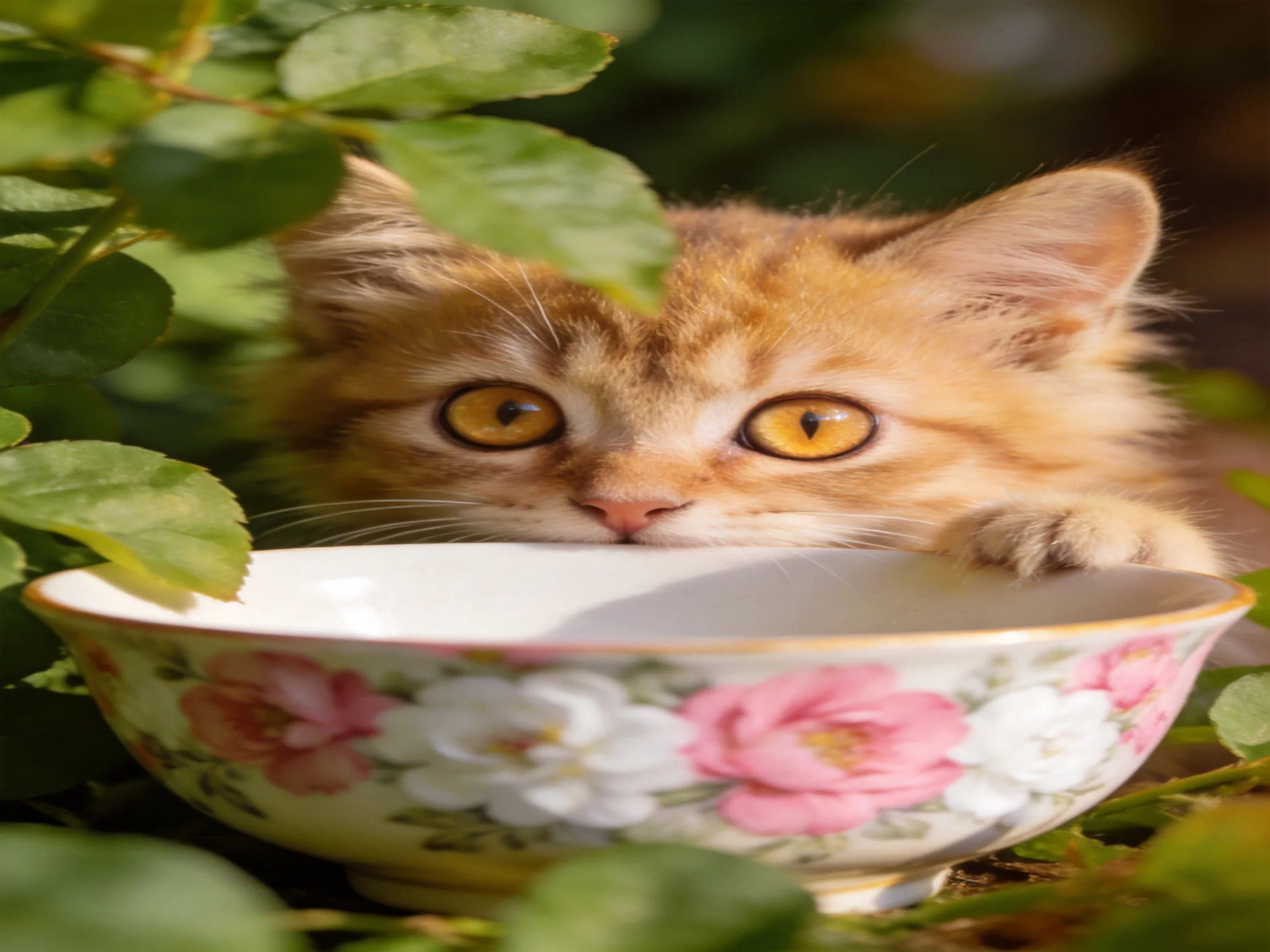 An orange kitten partially hides behind a floral bowl surrounded by green leaves.
