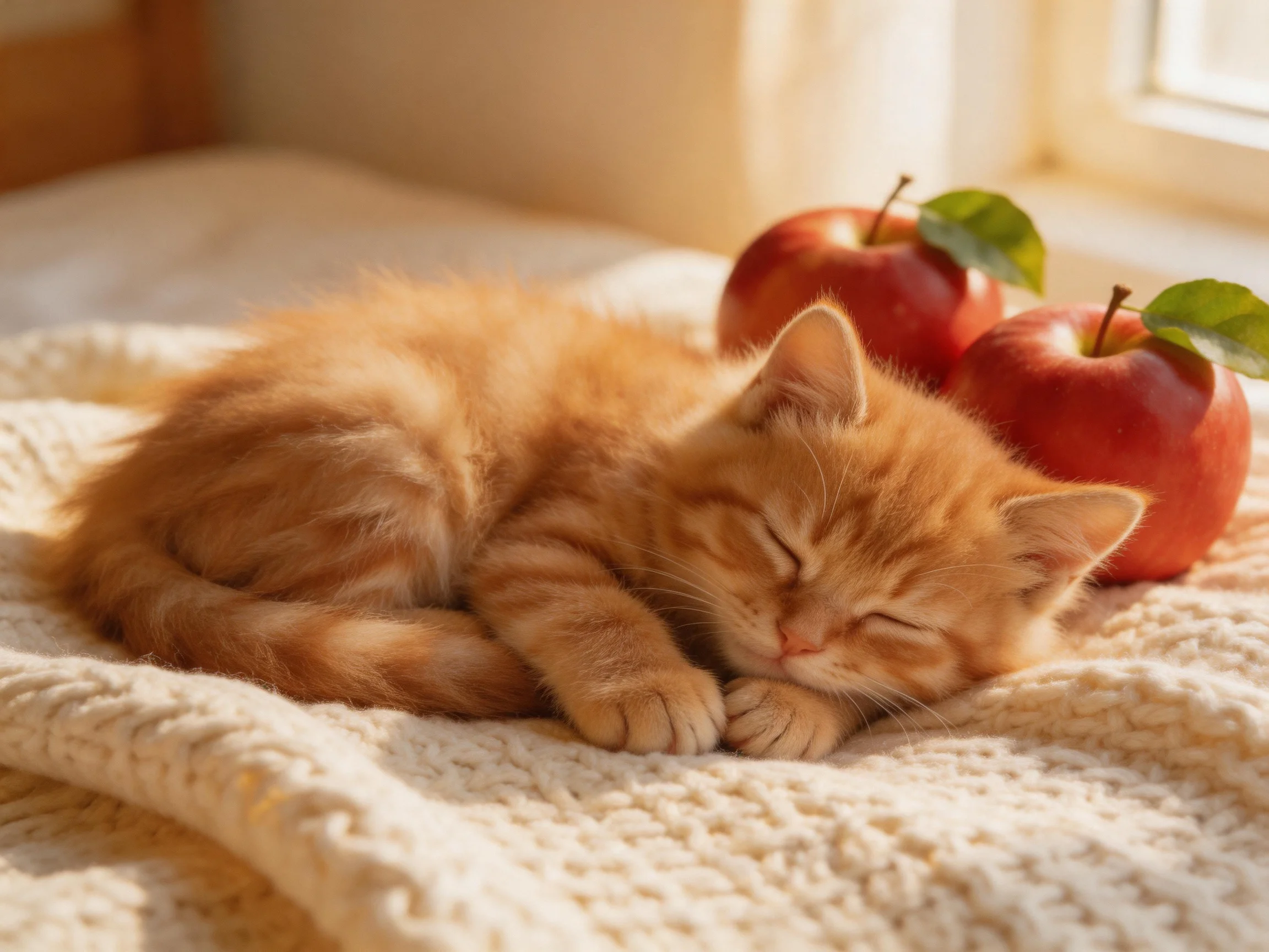 An orange kitten sleeps near two red apples on a cozy blanket.