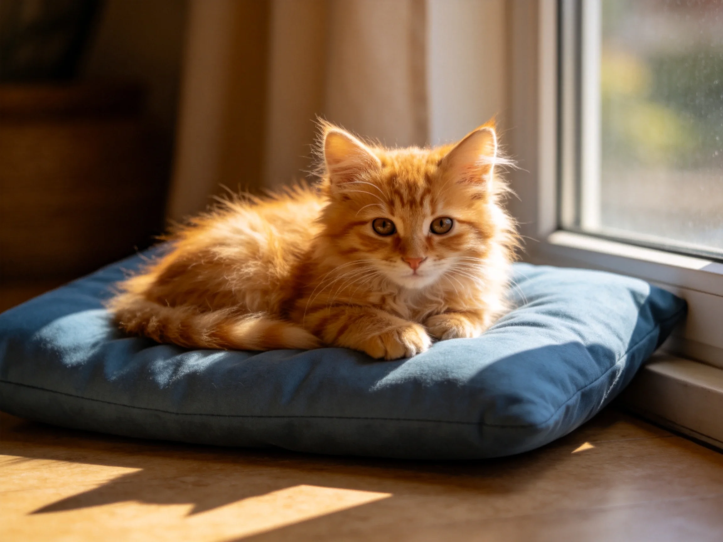 A fluffy orange kitten rests on a blue cushion by a sunlit window