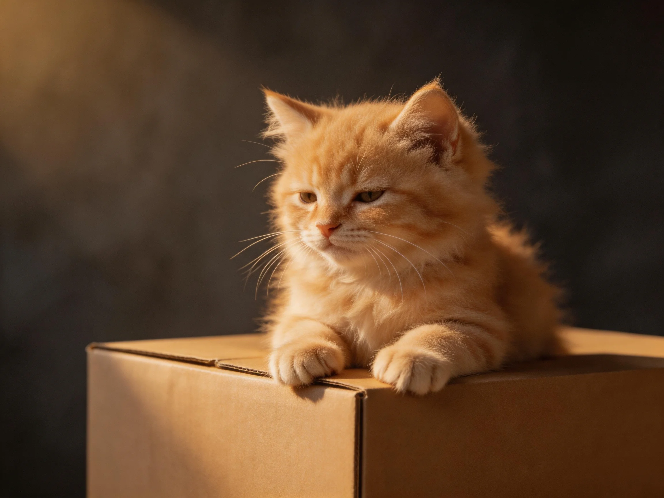 An orange kitten relaxes on a brown box.
