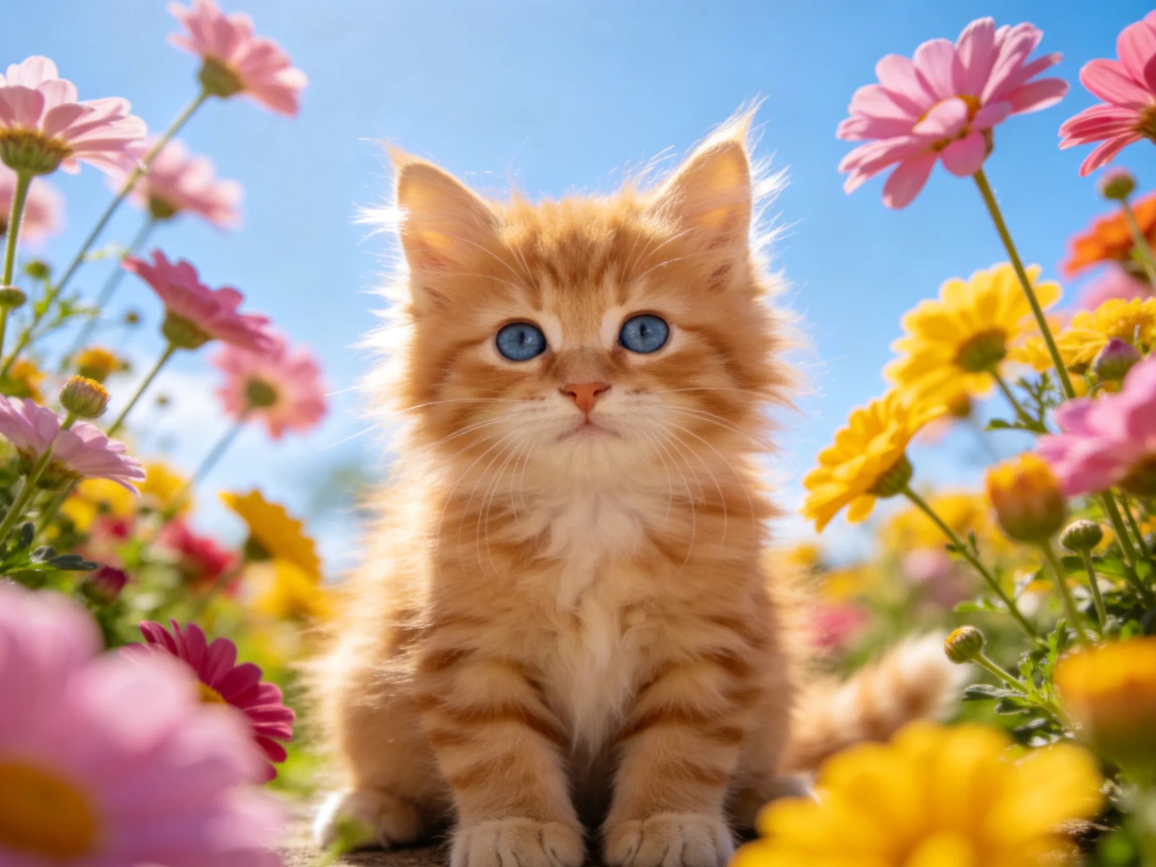 A fluffy orange kitten sits among colorful flowers in a sunny outdoor setting.