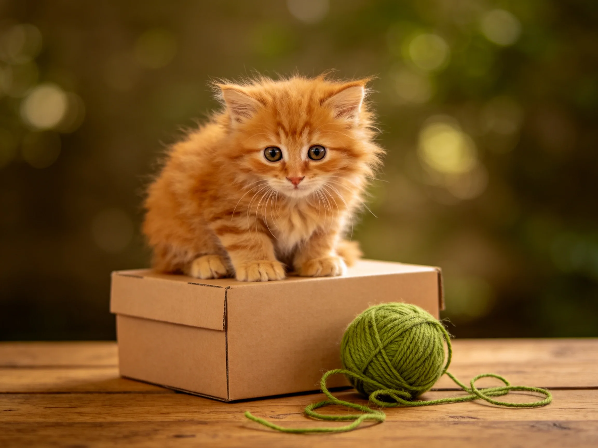 An orange kitten sits on a cardboard box next to green yarn.
