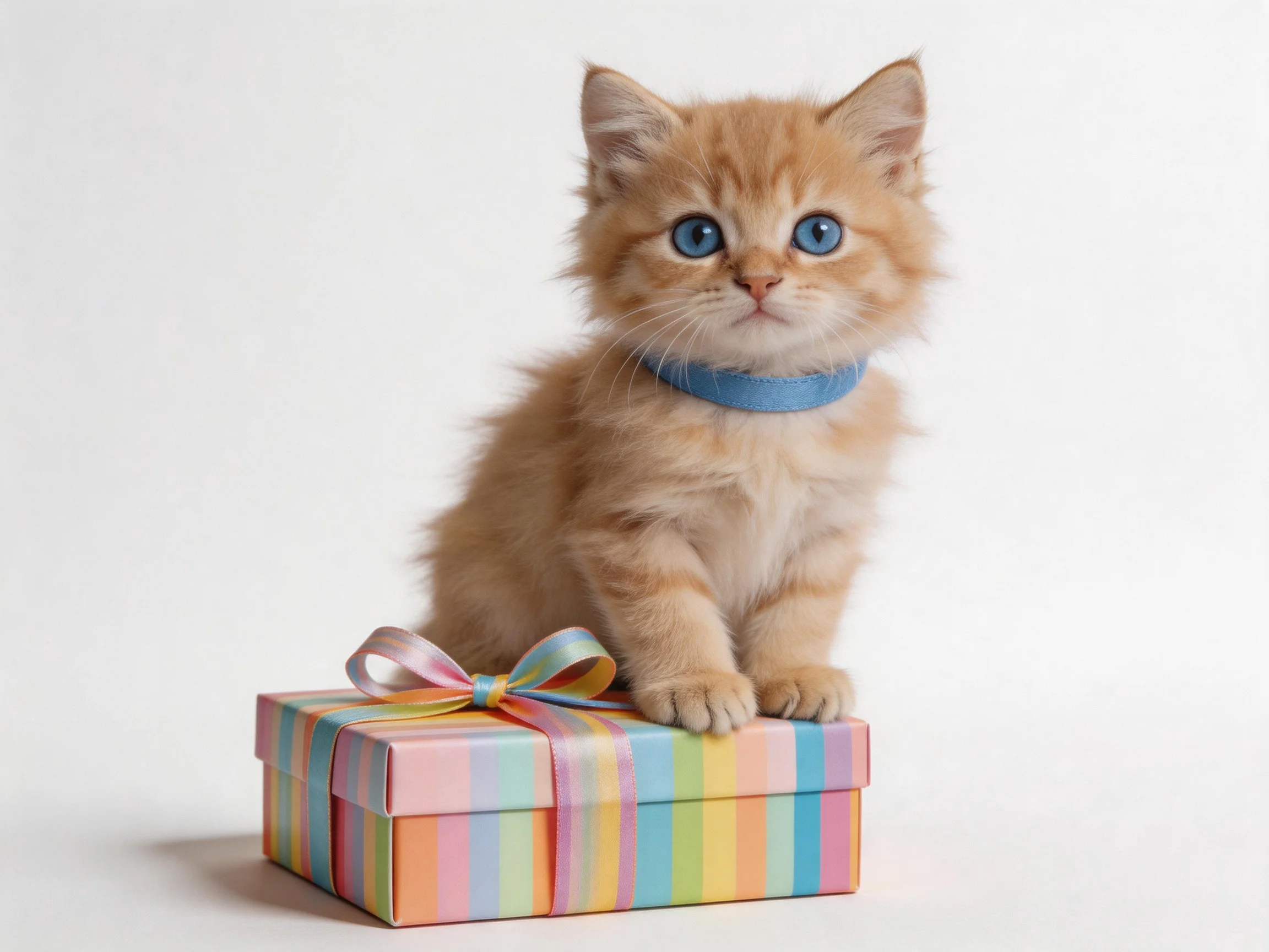 An orange kitten with blue eyes rests on a pastel striped gift box.