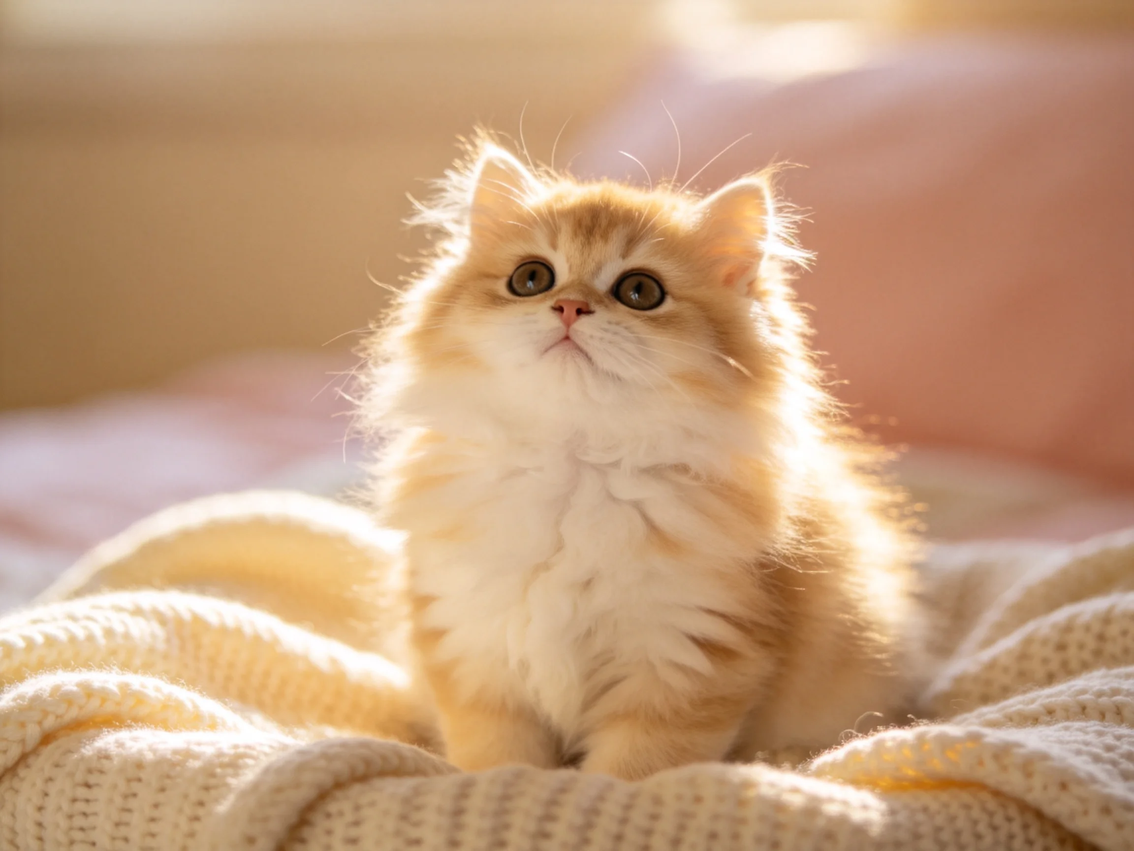 A fluffy orange kitten rests on a cream blanket in a warmly lit space.