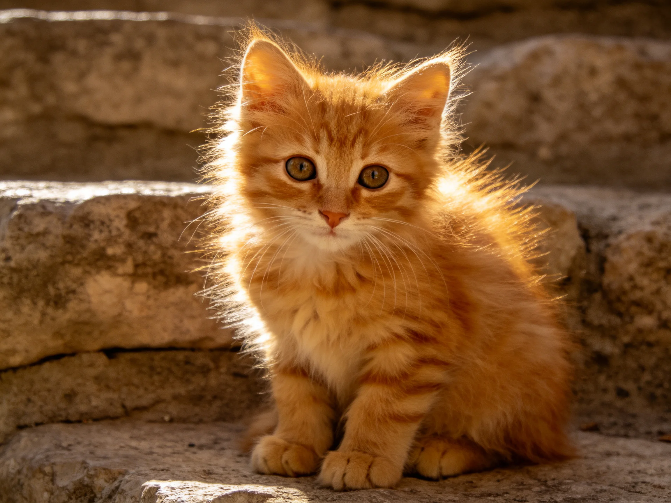 A fluffy orange kitten sits on ancient stone steps in warm sunlight