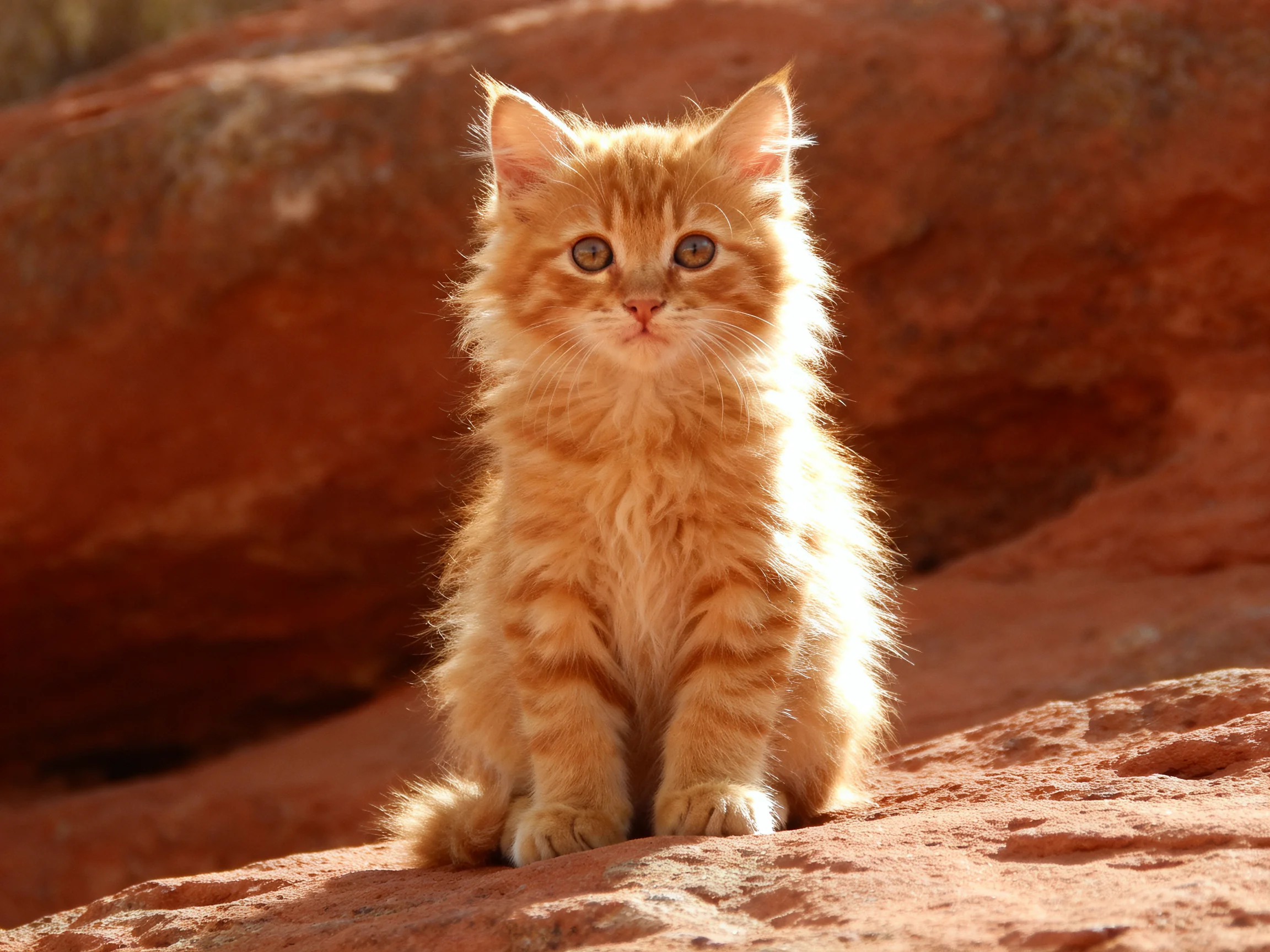 A fluffy orange kitten sits on reddish rocky formations