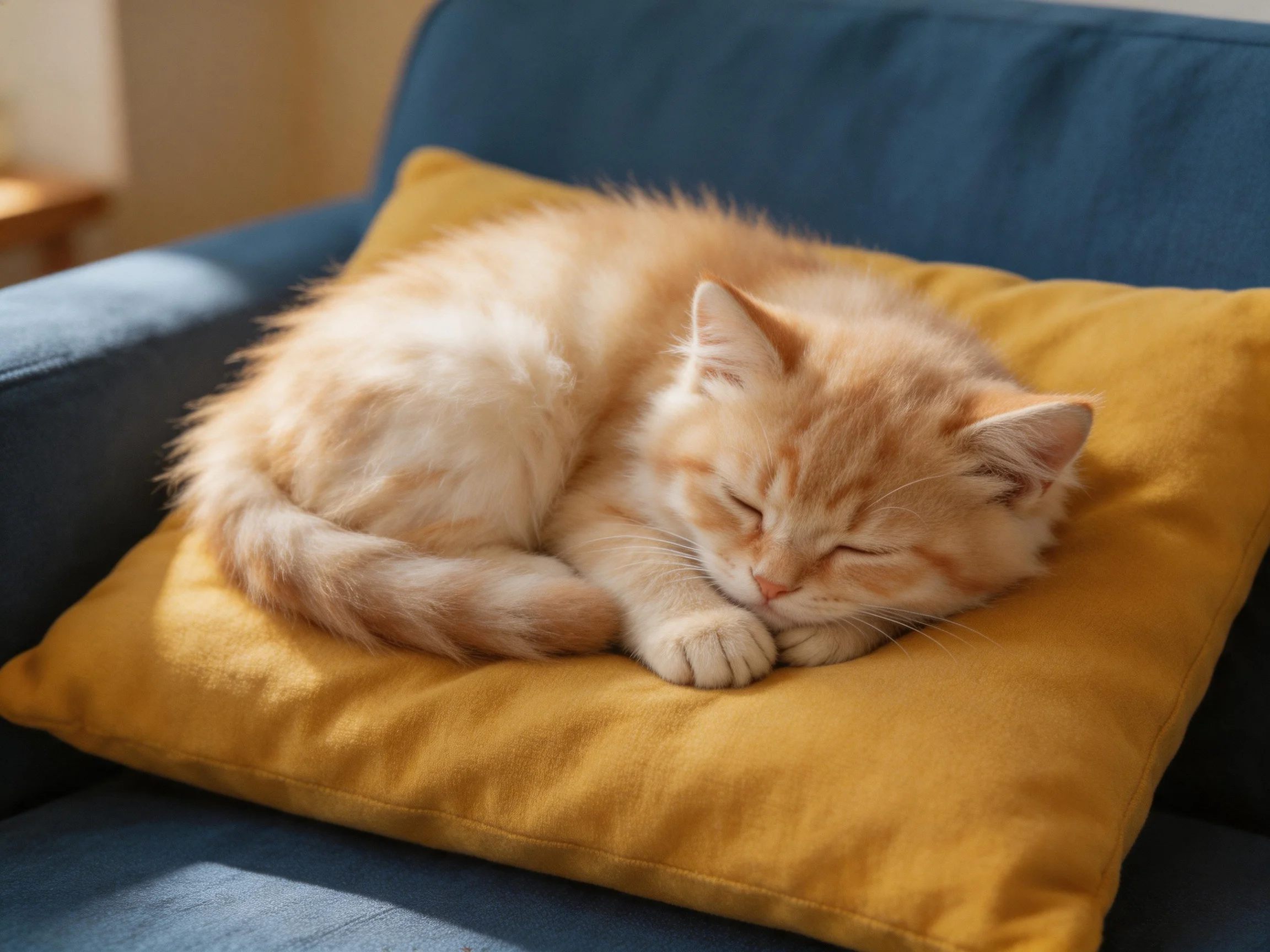 An orange kitten rests on a yellow pillow on a blue couch