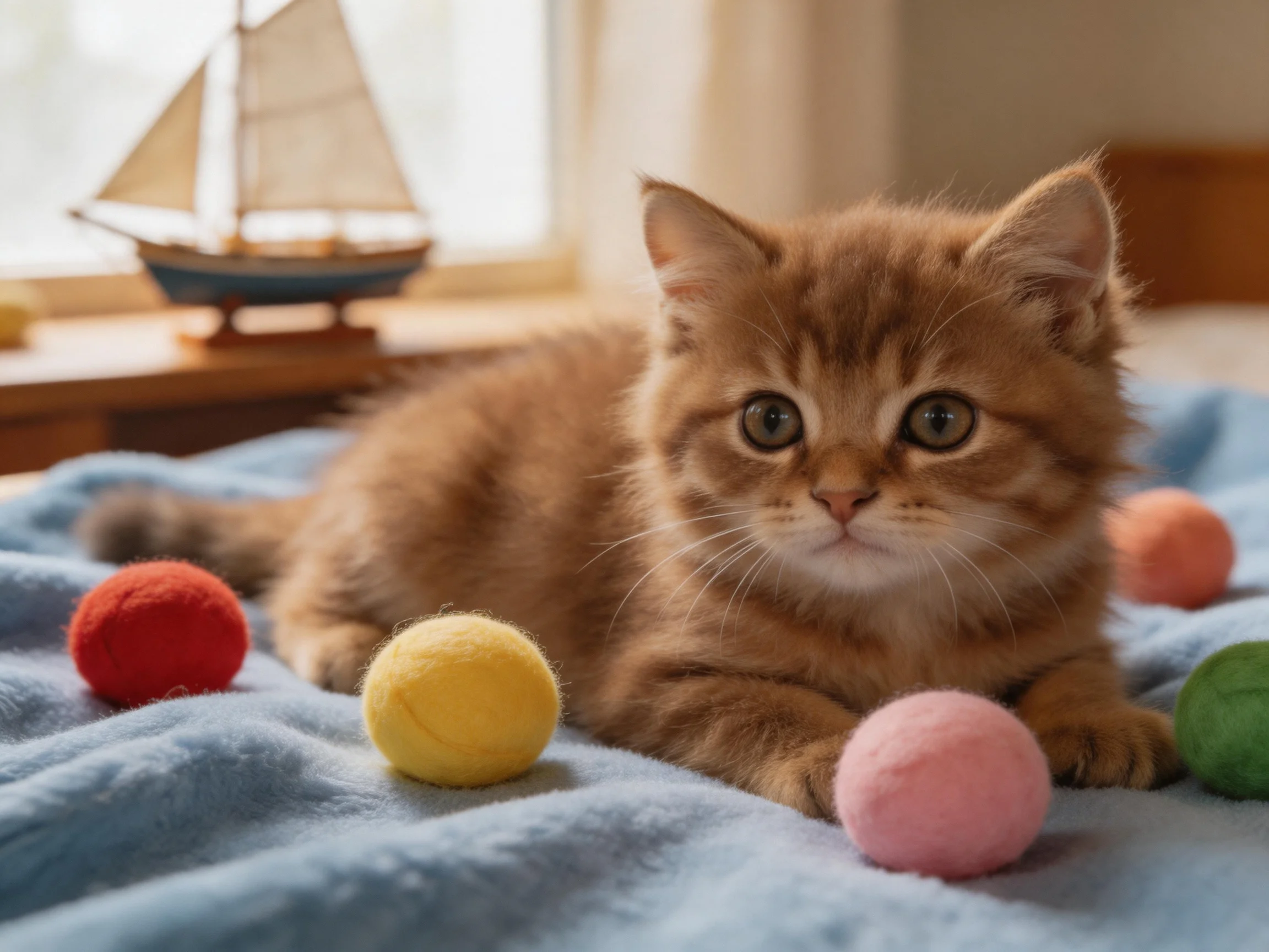 An orange kitten rests on a blue blanket with colorful felt balls nearby.