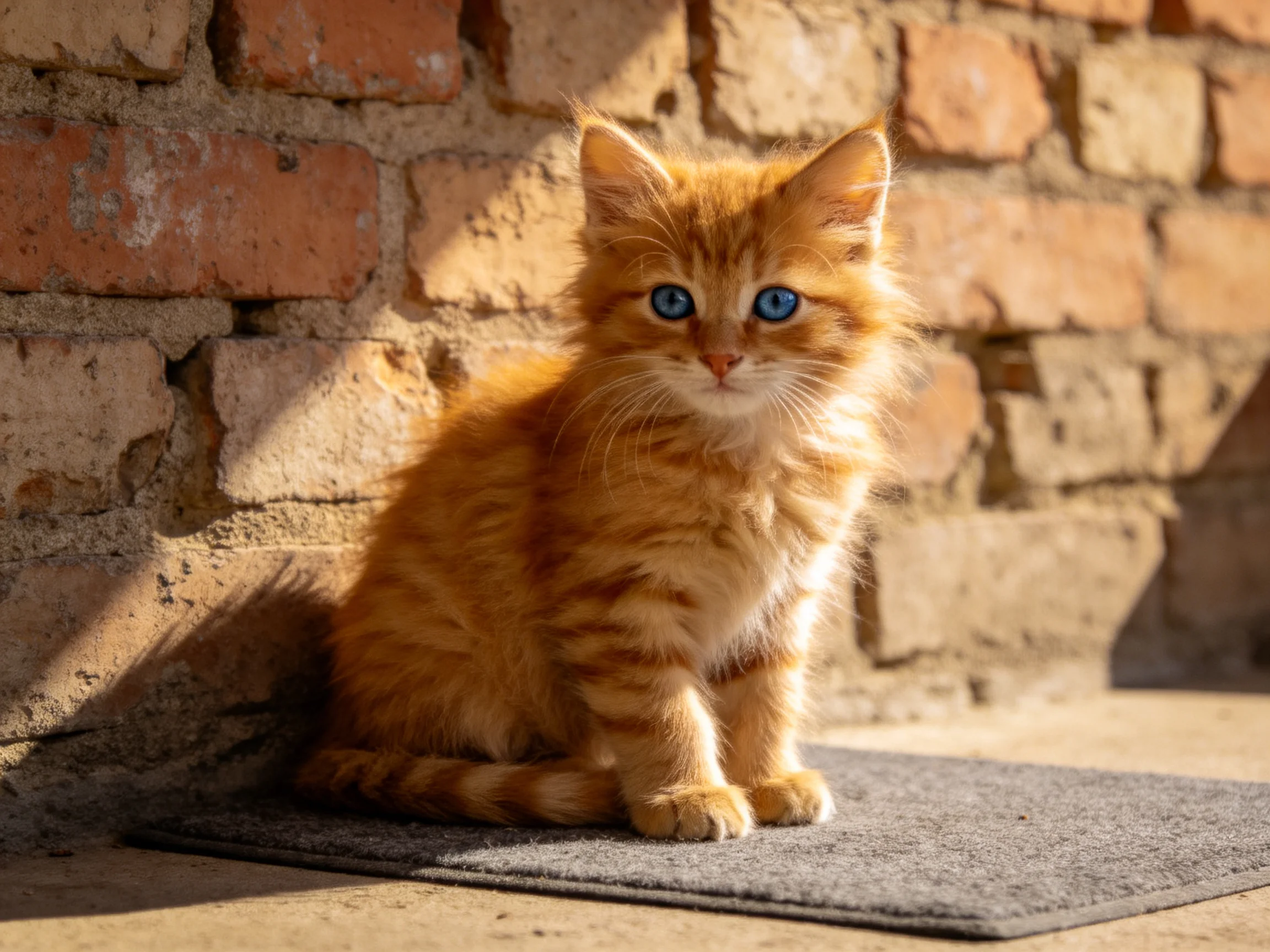 An orange kitten with blue eyes sits beside a weathered brick wall.