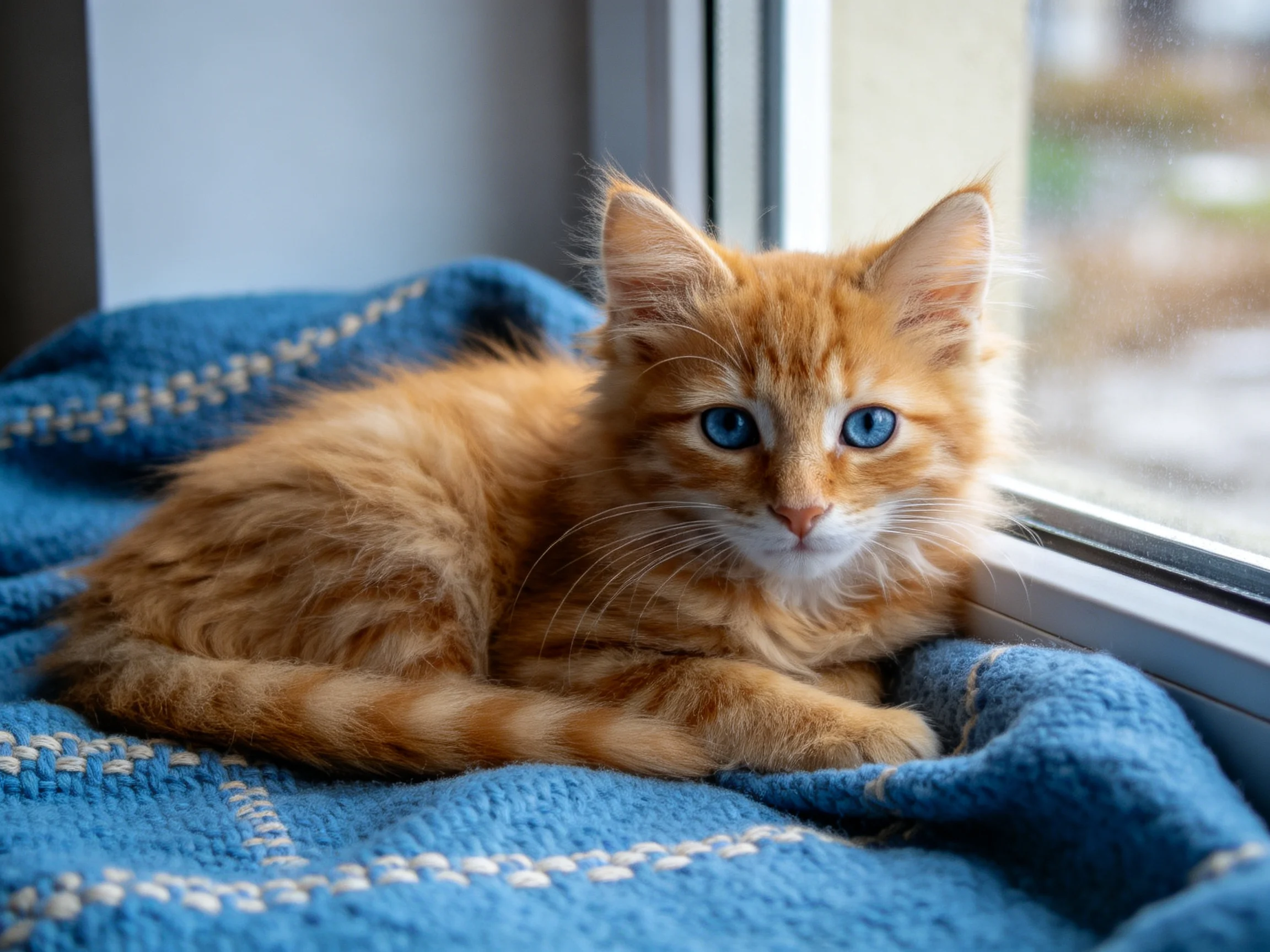 An orange kitten with blue eyes relaxes on a blue blanket by a window.