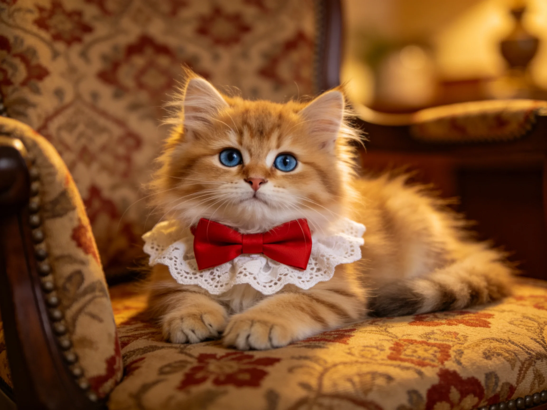 An orange kitten with blue eyes wearing a red bow tie sits on an ornate chair.