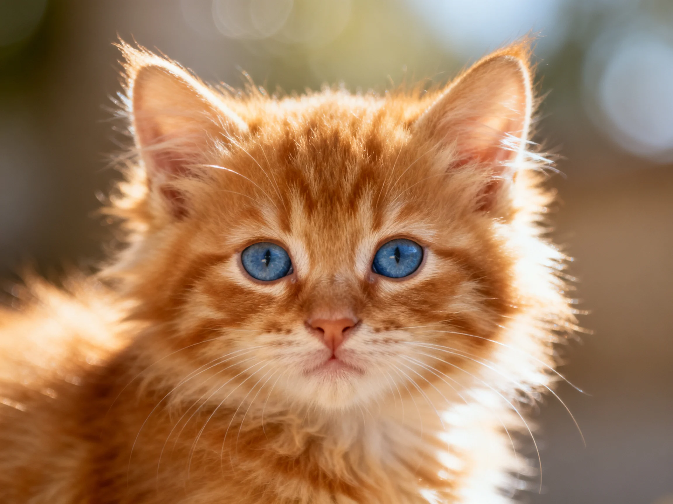 A fluffy orange kitten with bright blue eyes is shown in a sunlit outdoor setting.