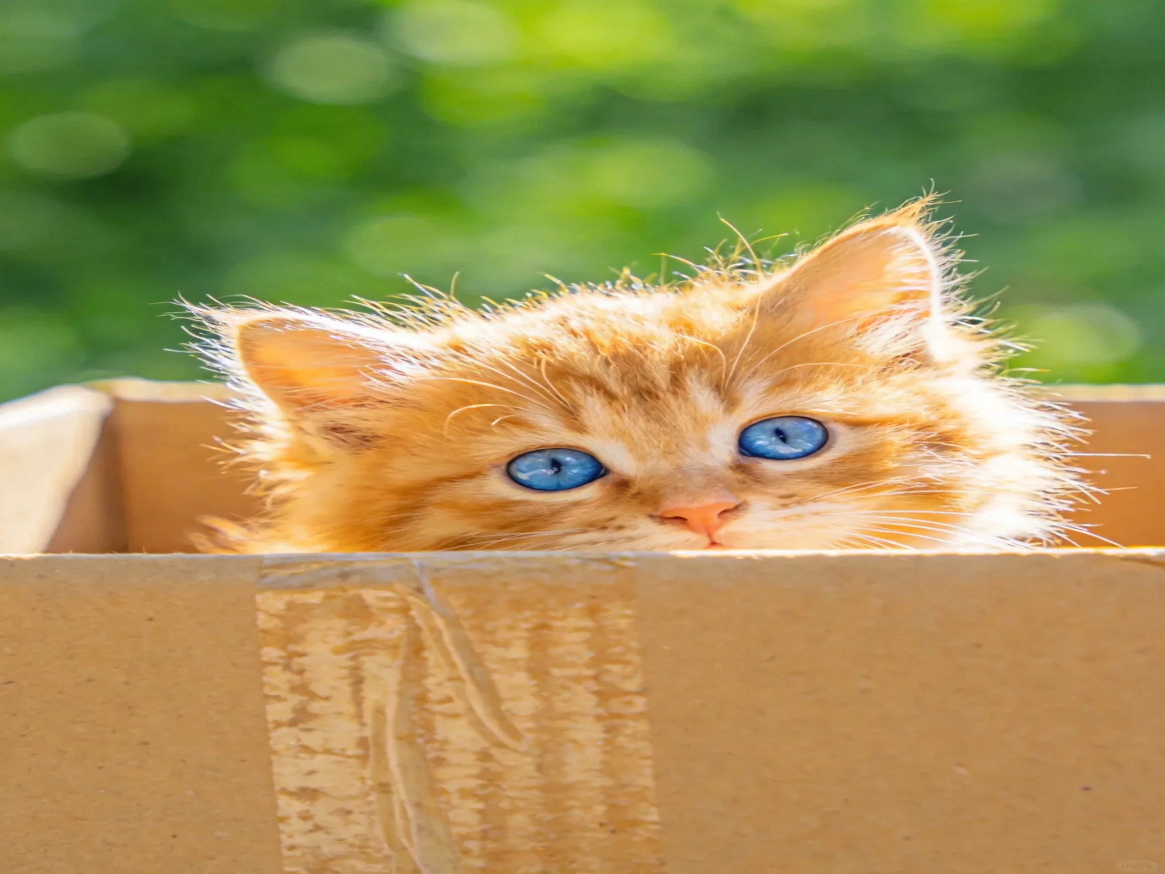 An orange kitten with blue eyes peeks out of a cardboard box in a sunlit outdoor area.