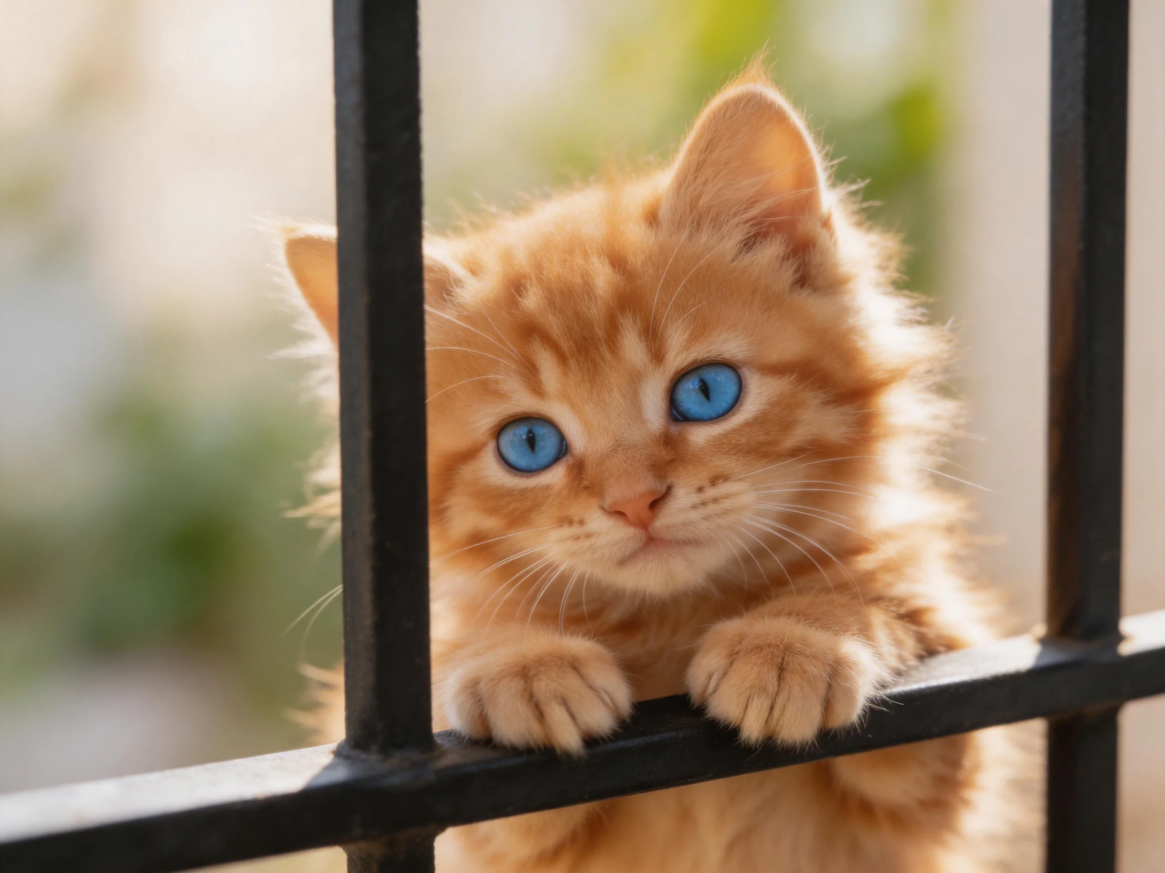 A fluffy orange kitten with bright blue eyes peeks through dark metal bars