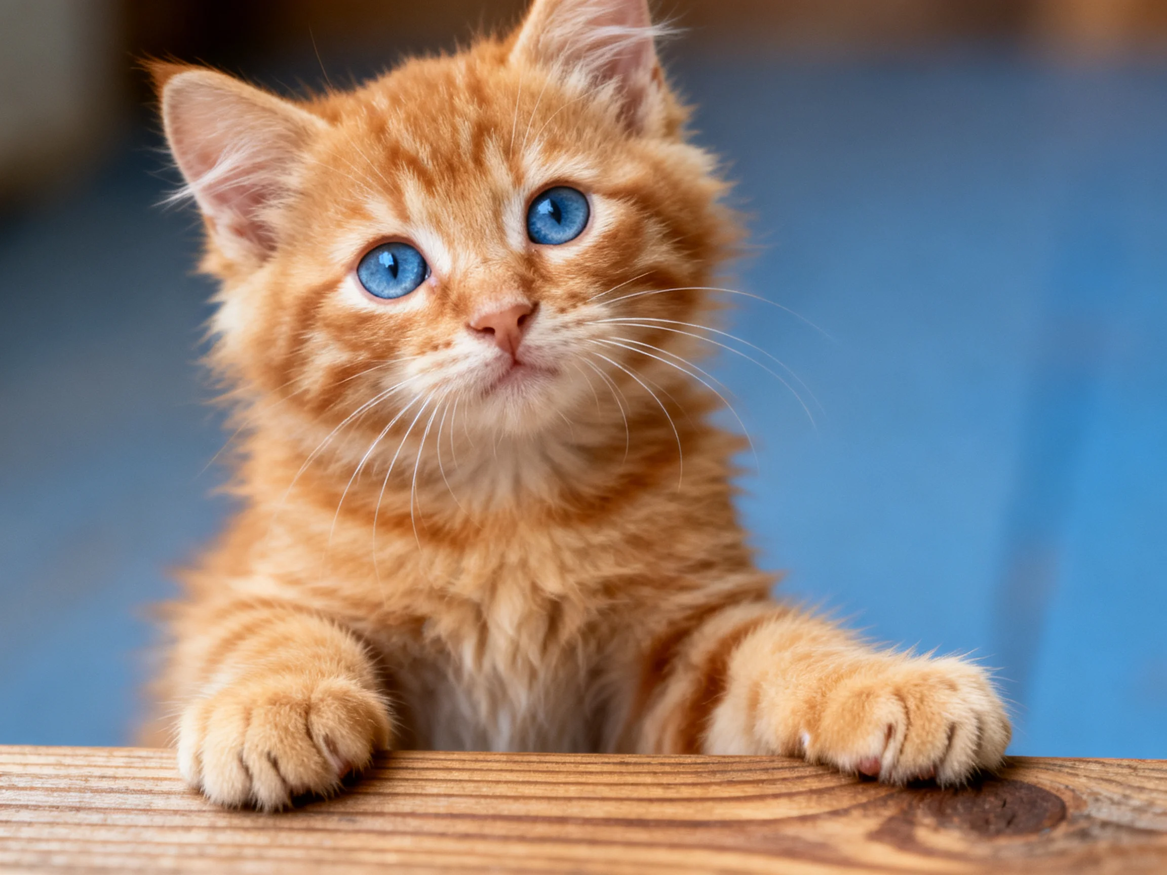 An orange kitten with blue eyes rests on a wooden ledge near a blue area.