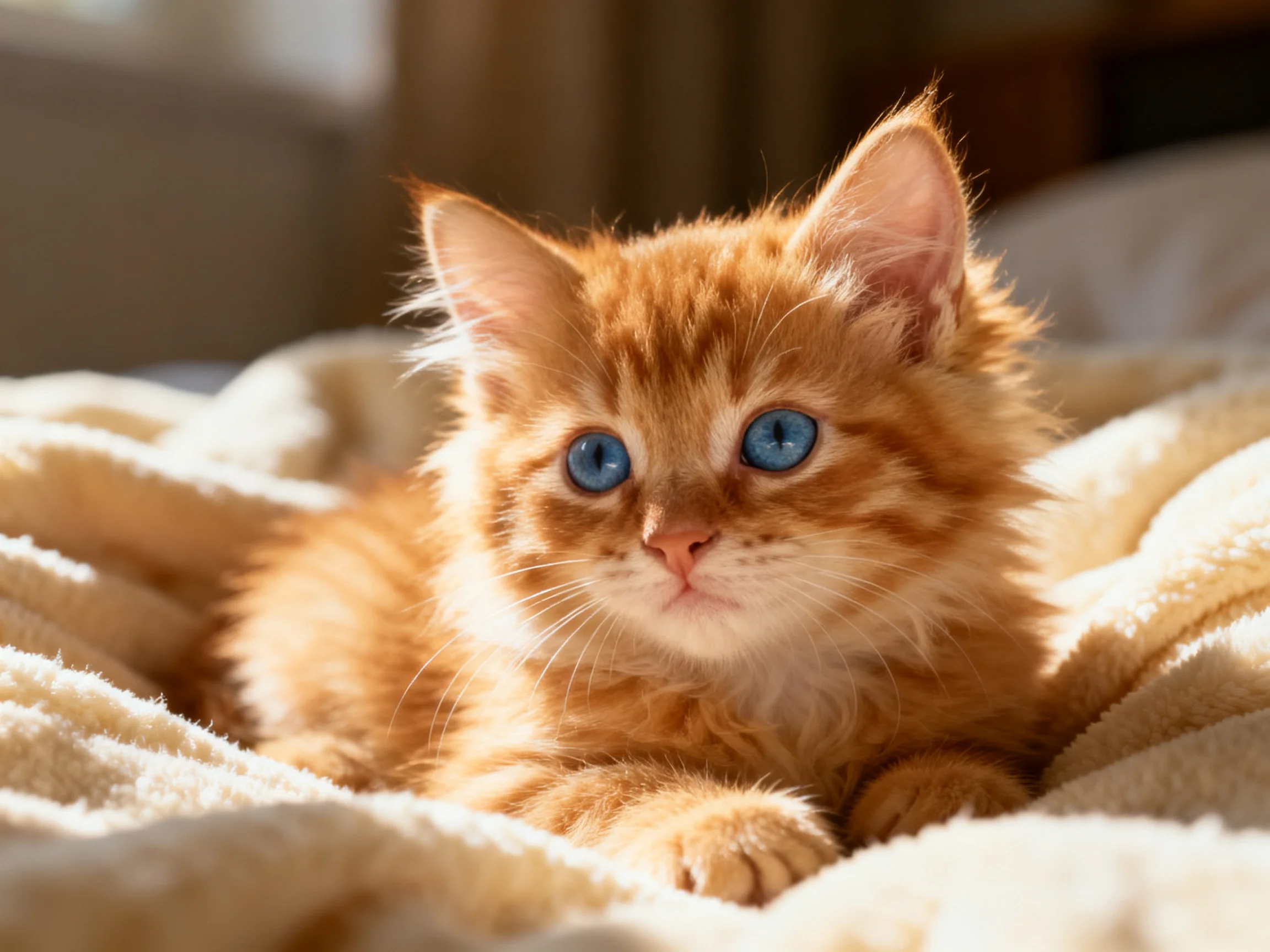 A fluffy orange kitten with bright blue eyes rests on a soft cream blanket