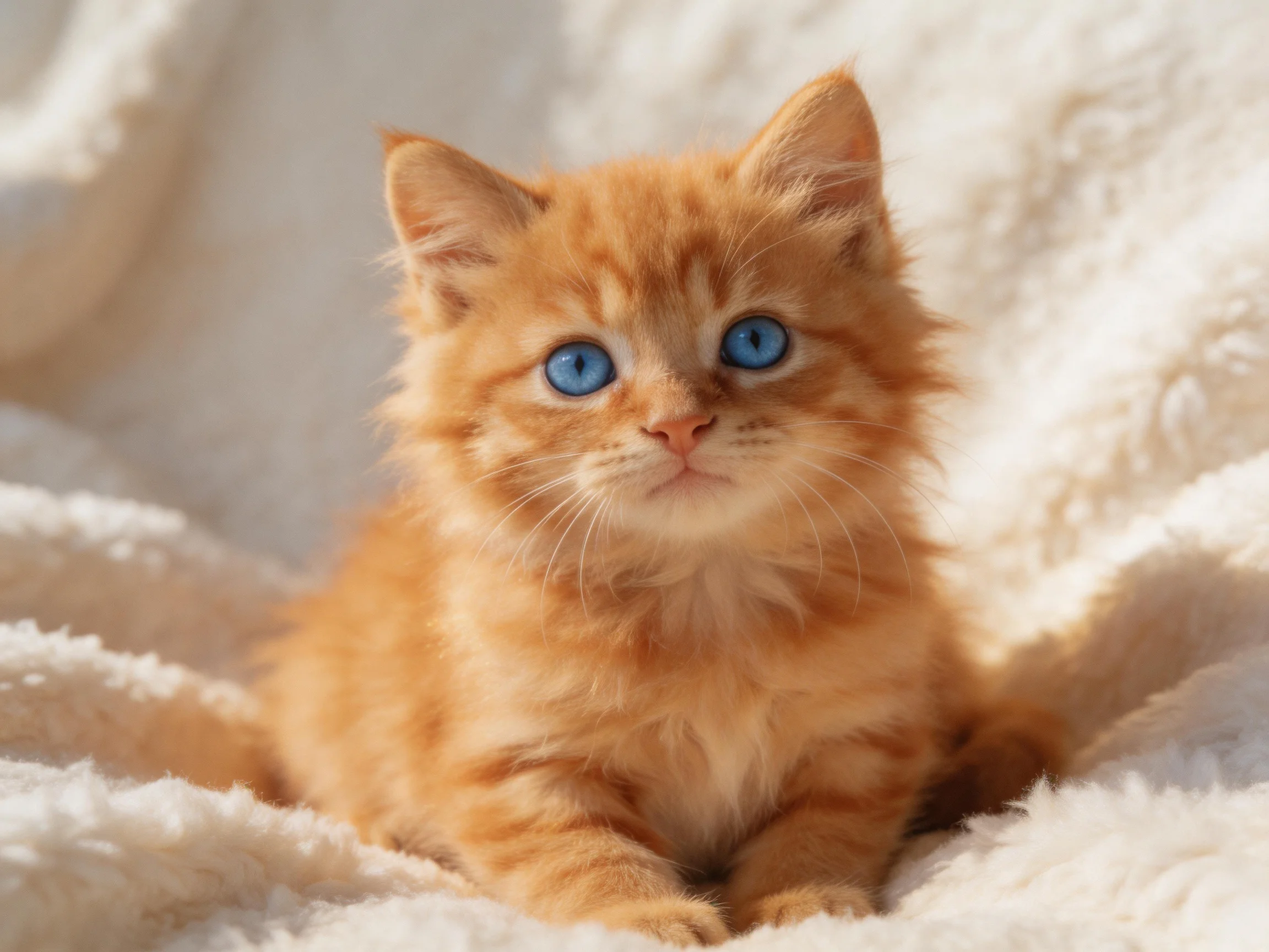 A fluffy orange kitten with blue eyes sits on a soft white blanket.