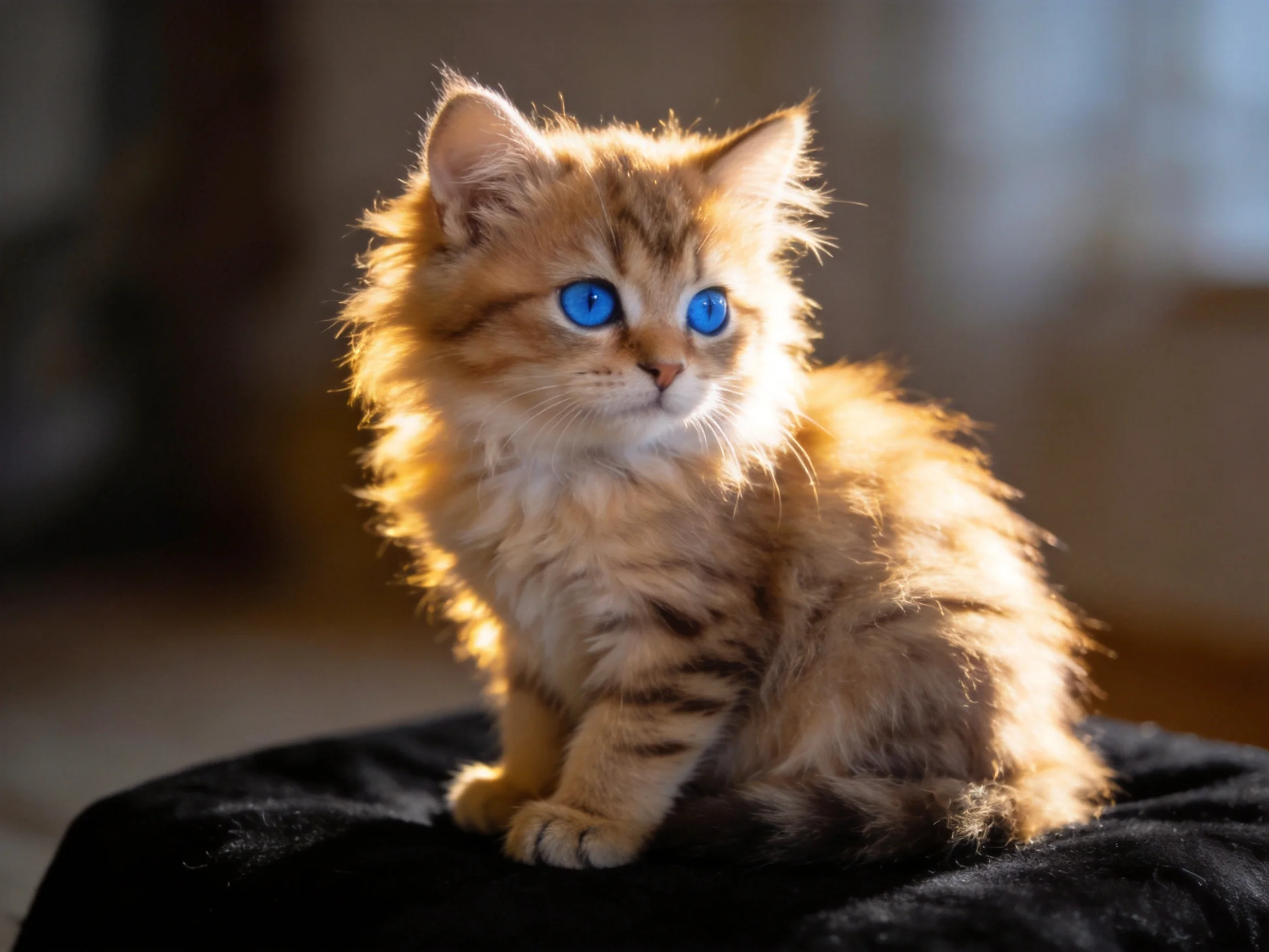 A fluffy orange kitten with blue eyes sits on a dark surface.