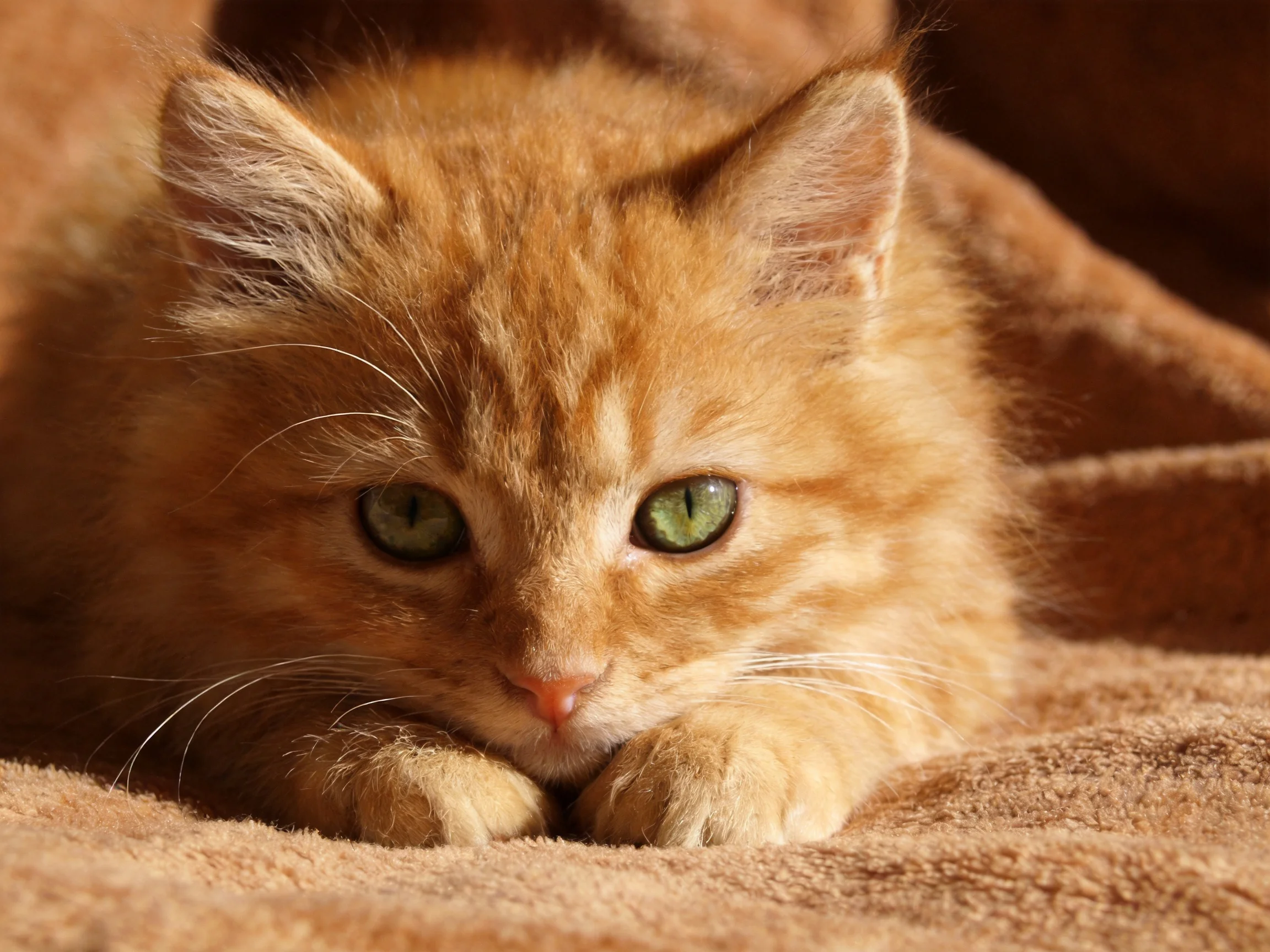 A fluffy orange kitten with green eyes rests on a brown towel.