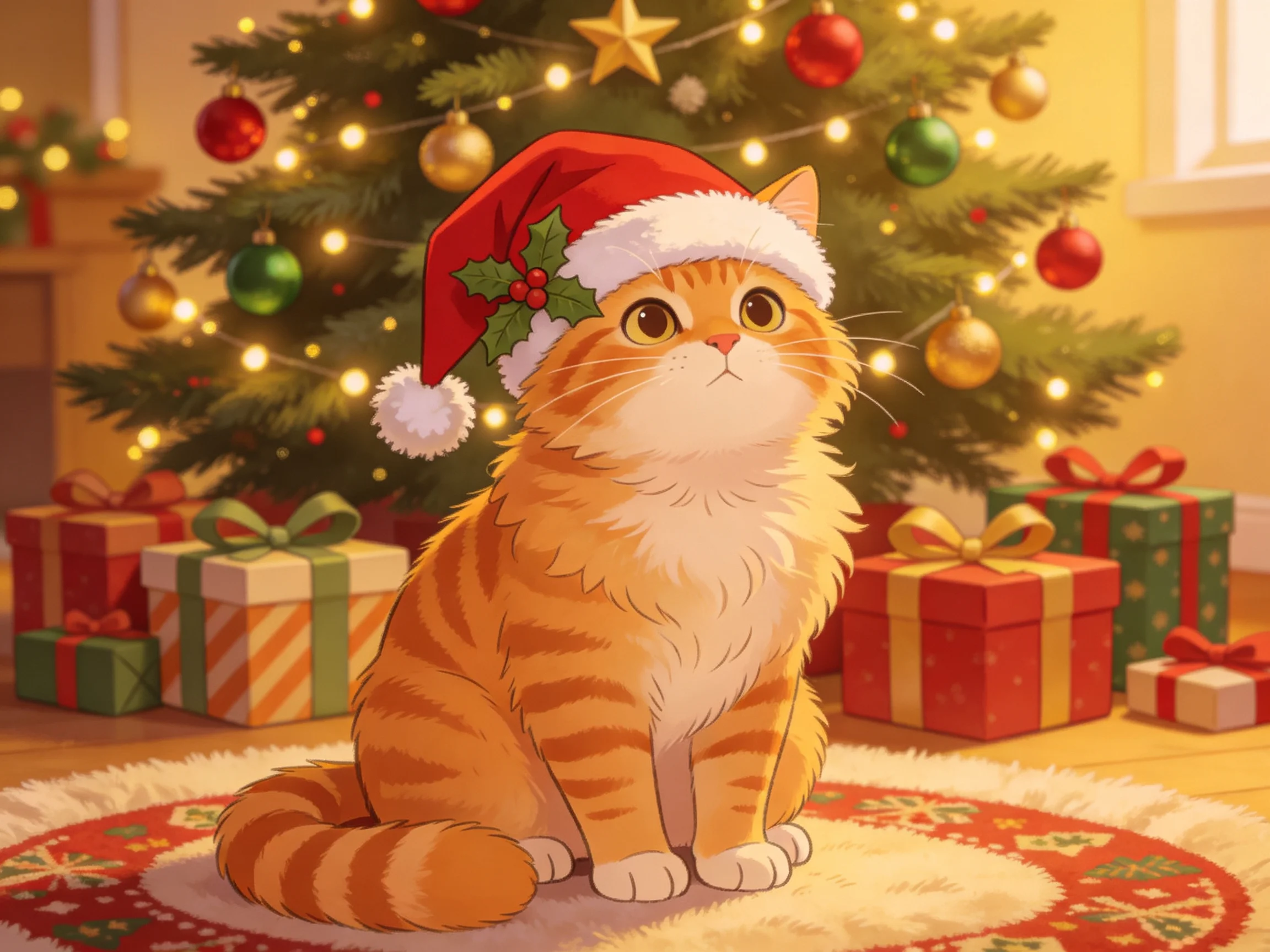 A fluffy orange tabby cat in a Santa hat near a decorated Christmas tree