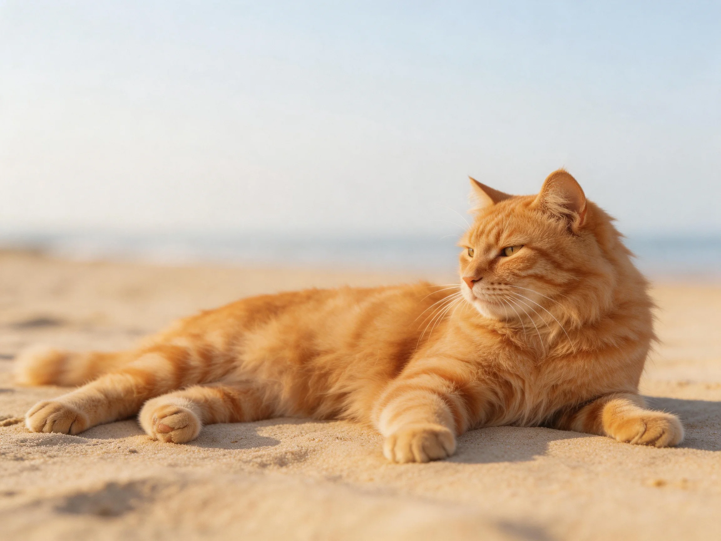 A fluffy orange tabby cat lounges on sandy terrain near calm waters