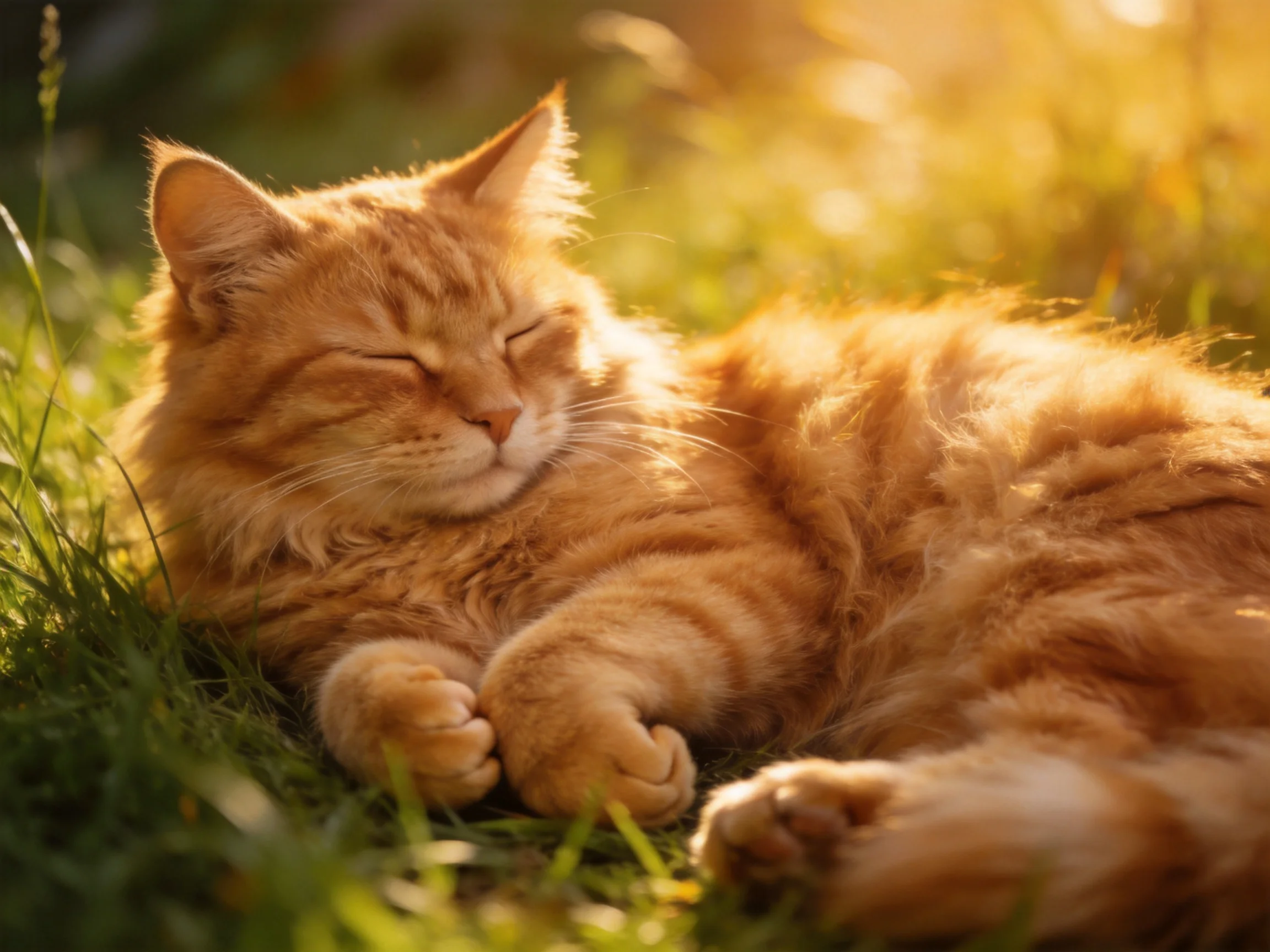 An orange tabby cat sleeps peacefully on sunlit grass outdoors.
