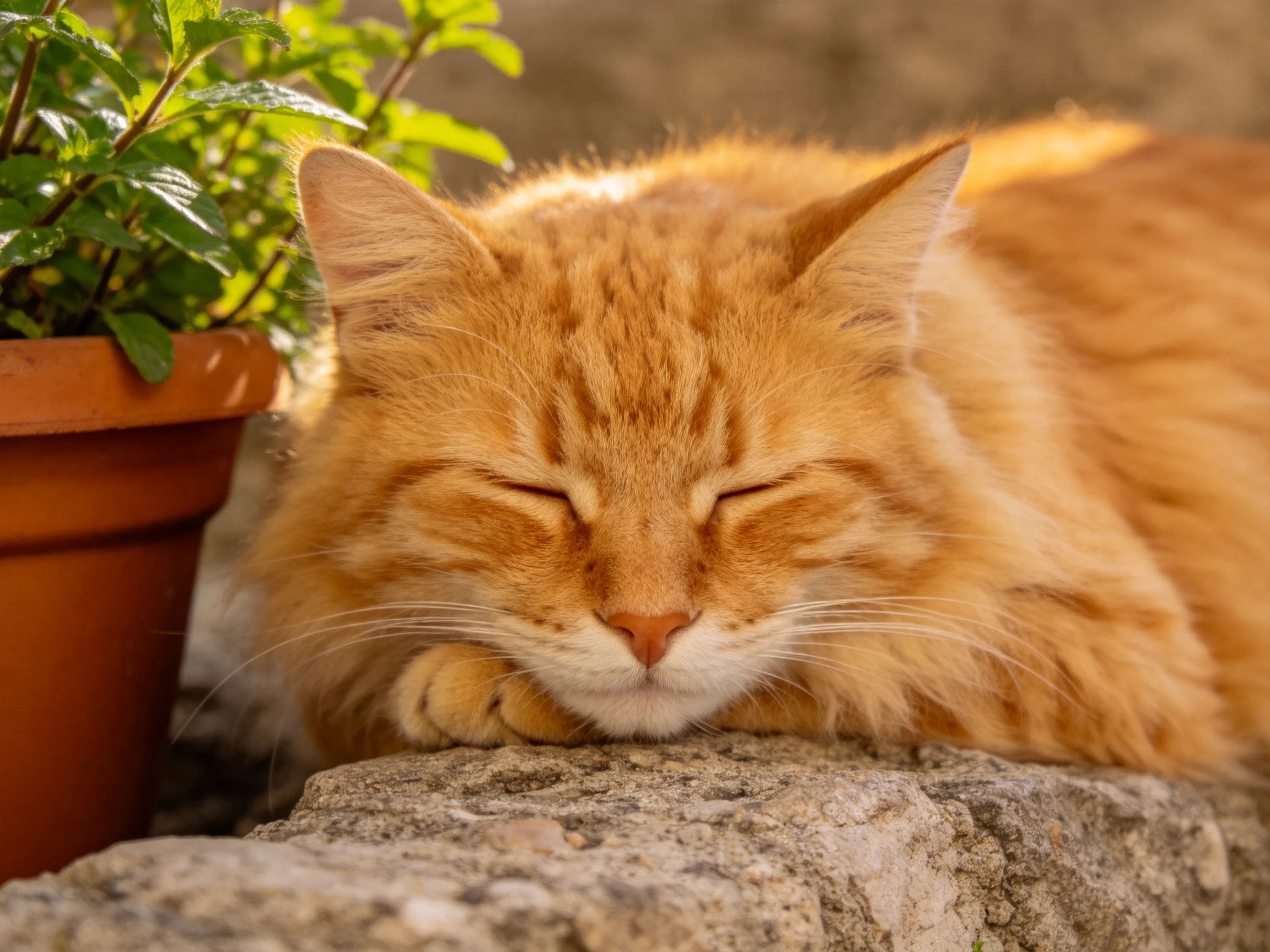 An orange cat sleeps next to a potted plant