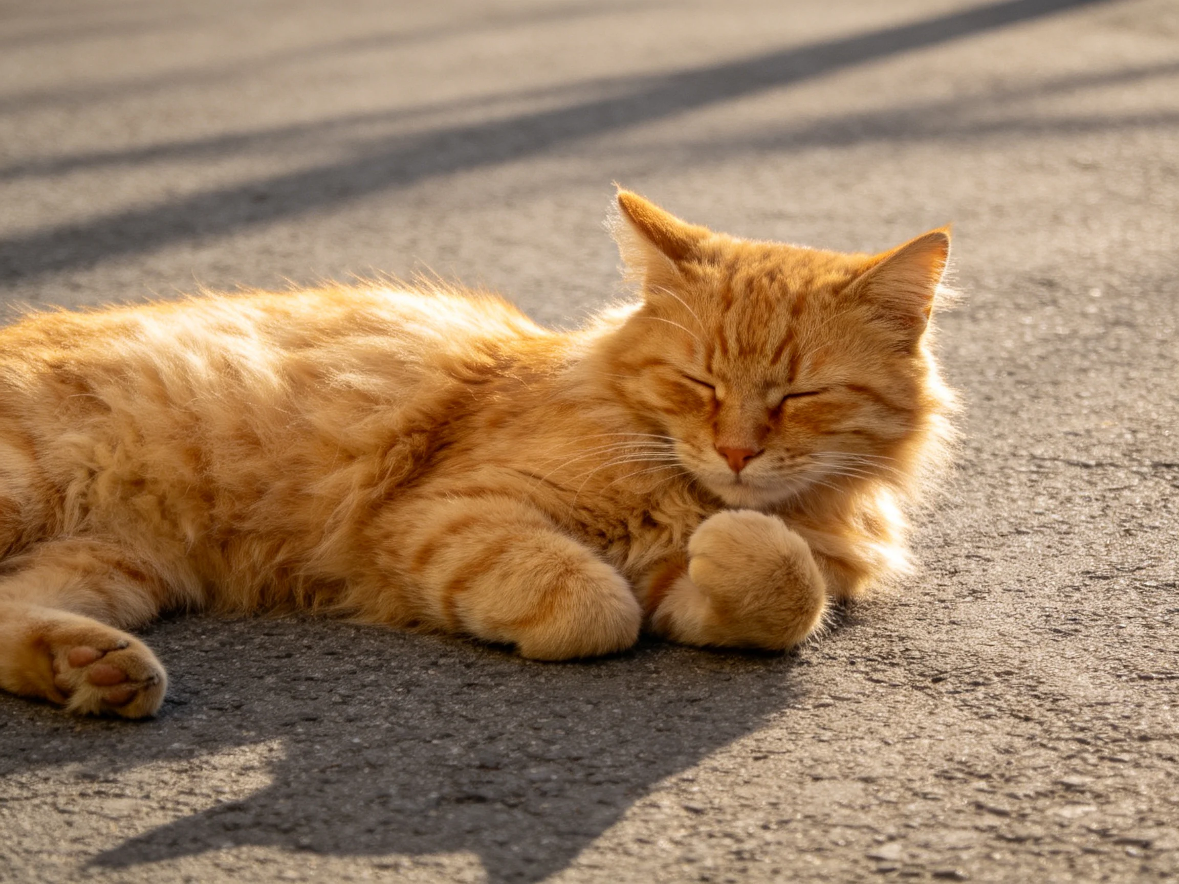 A fluffy orange tabby cat naps on sunlit pavement
