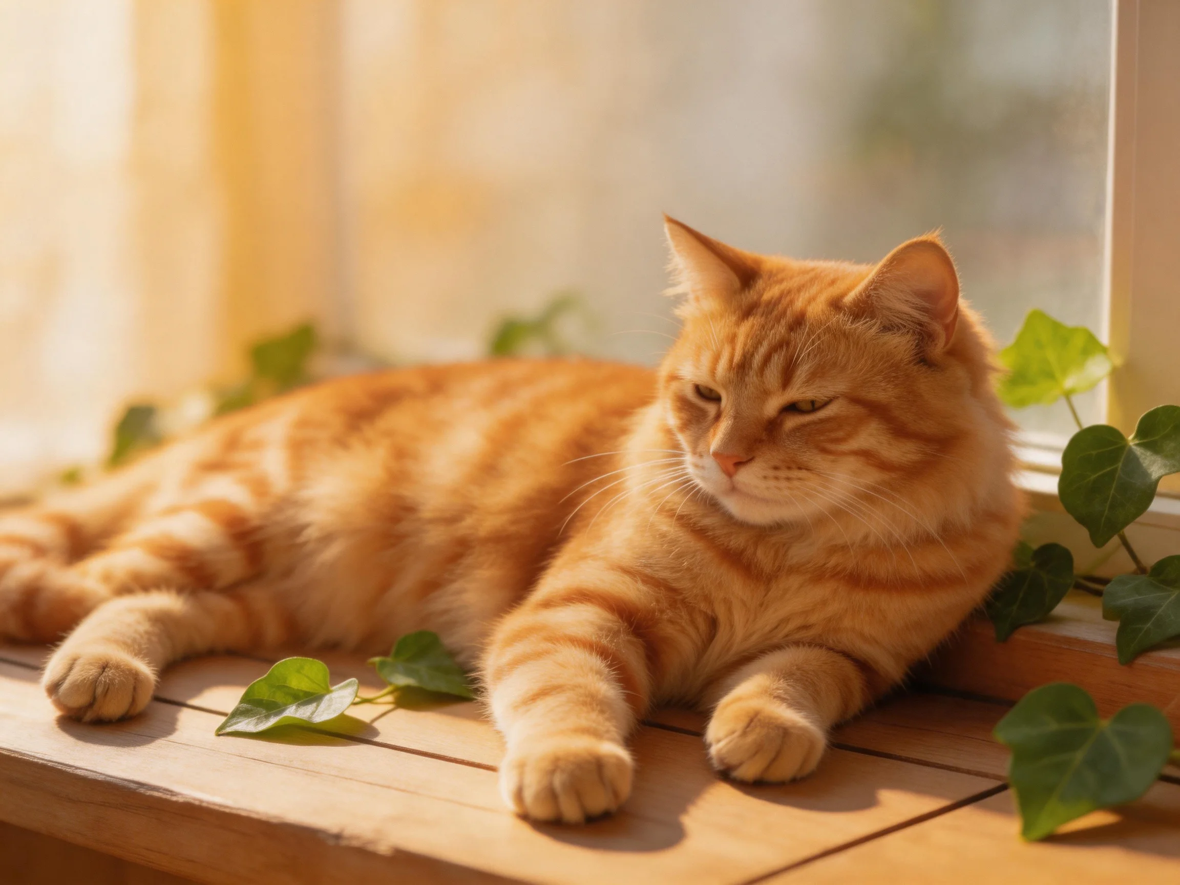 A fluffy orange tabby cat relaxes on a wooden windowsill with green vines