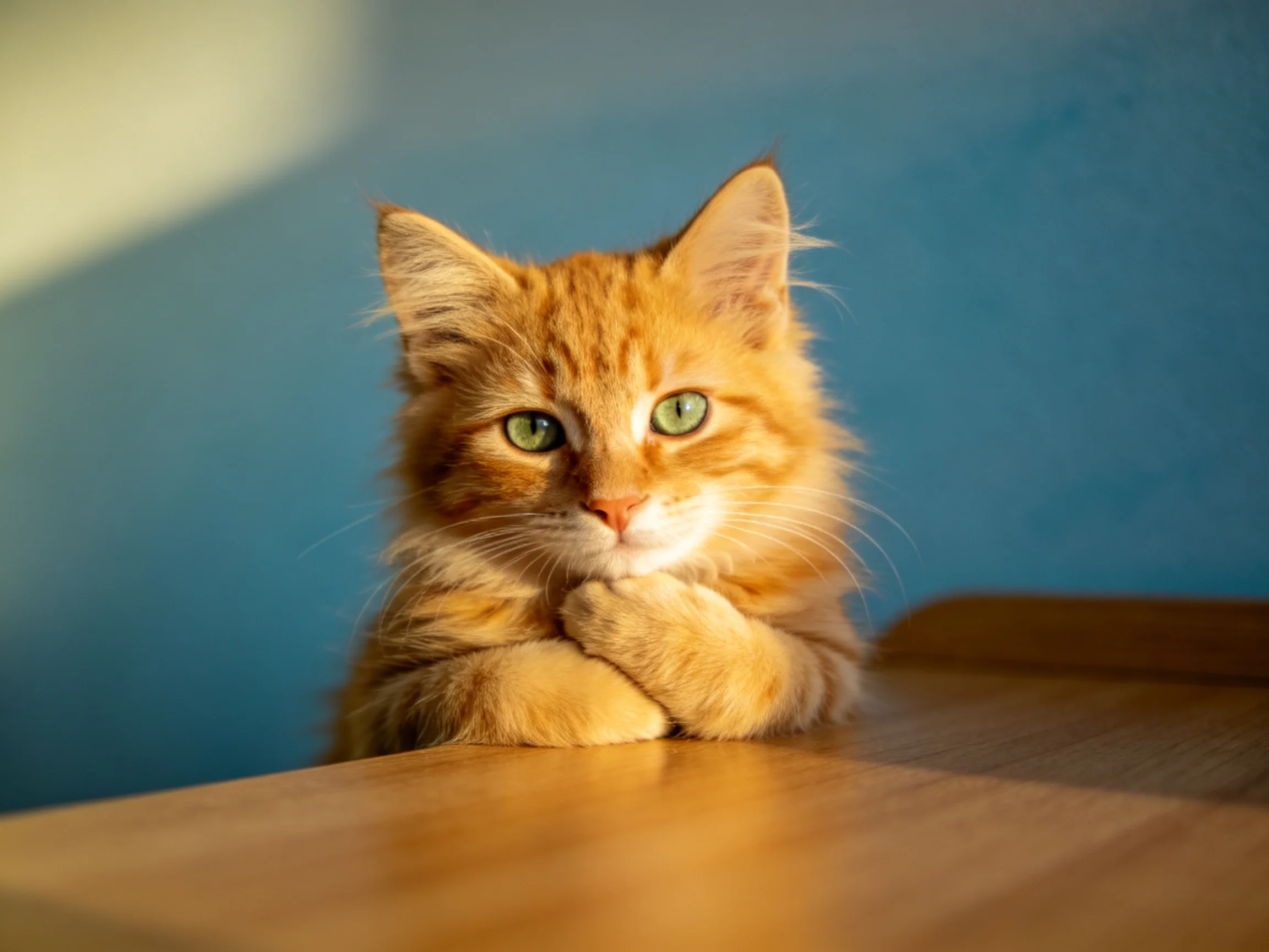 A fluffy orange tabby cat resting by a wooden surface near a blue wall