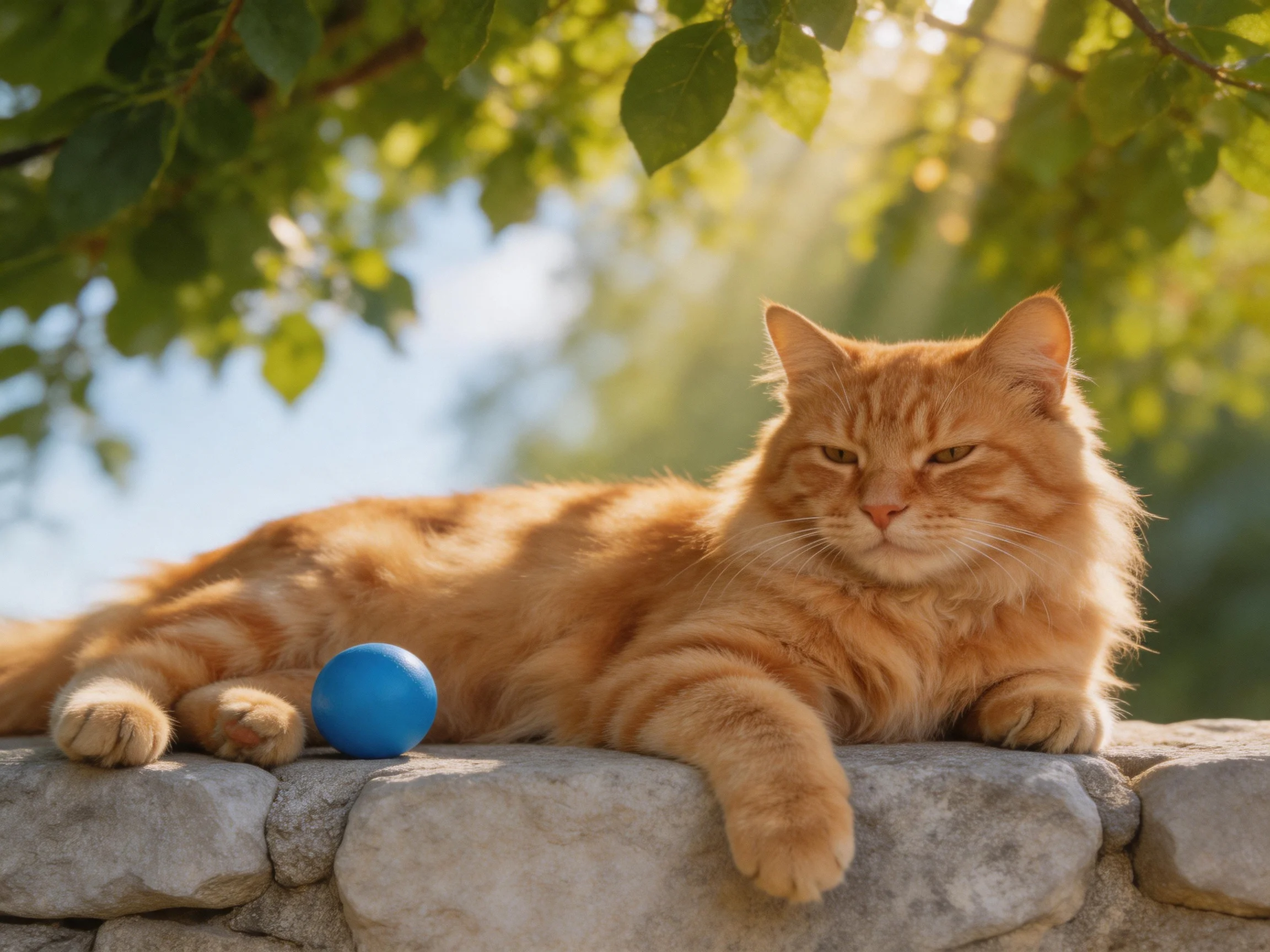 A fluffy orange tabby cat rests beside a blue ball on a stone ledge in a sunlit outdoor setting.