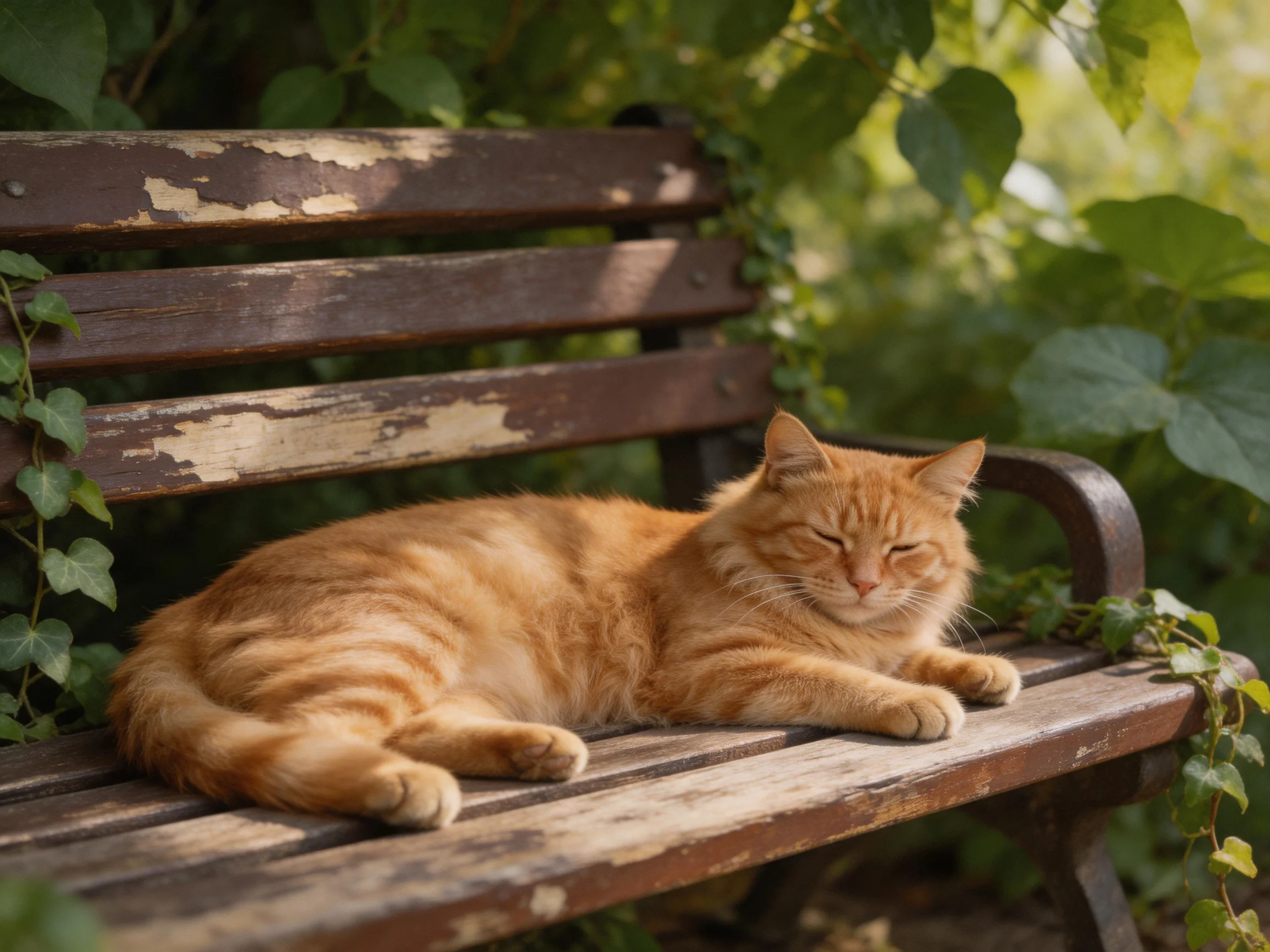 An orange tabby cat relaxes on a worn park bench in a leafy outdoor space