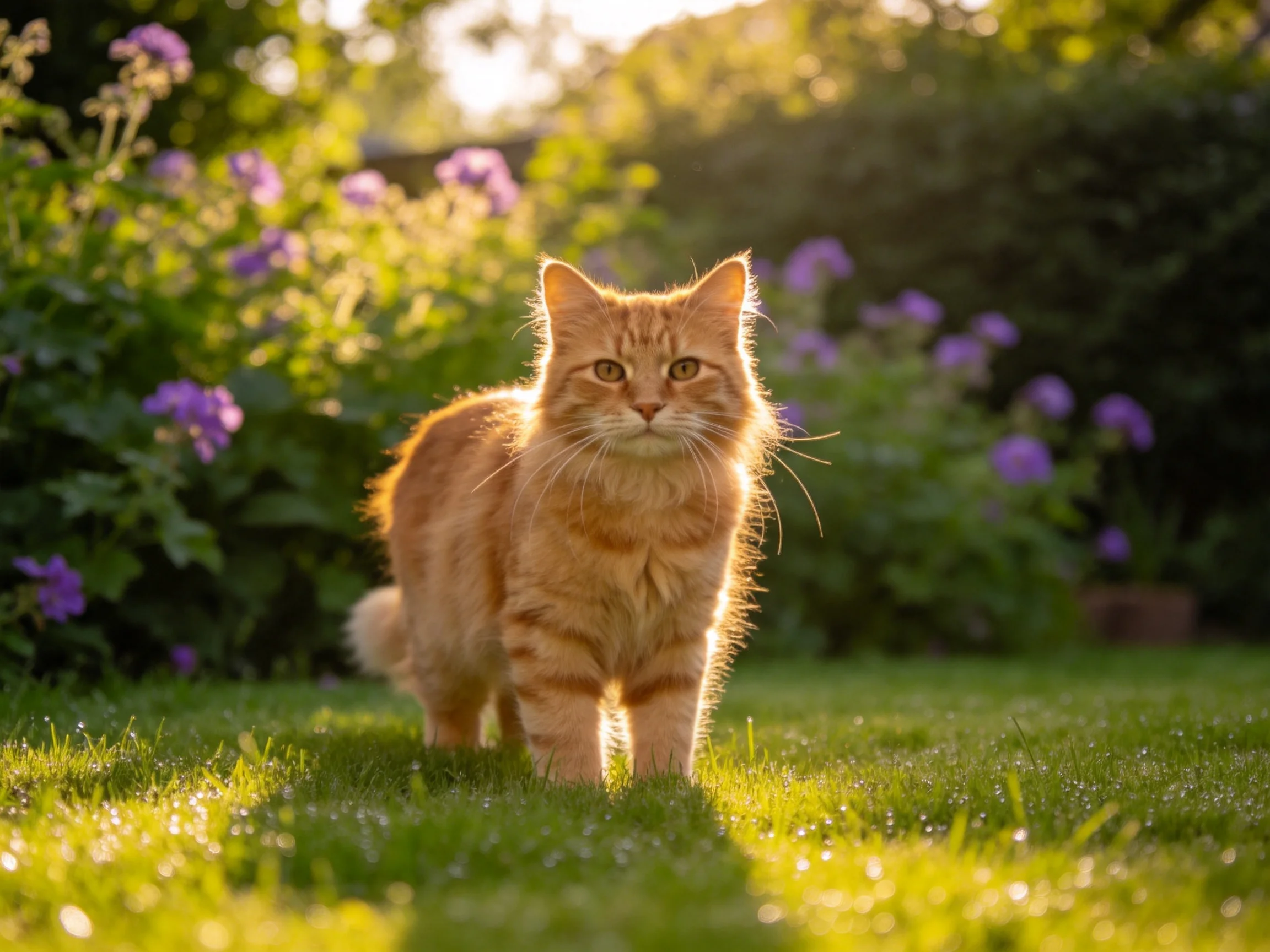 A fluffy orange tabby cat roams a sunlit garden with purple flowers.