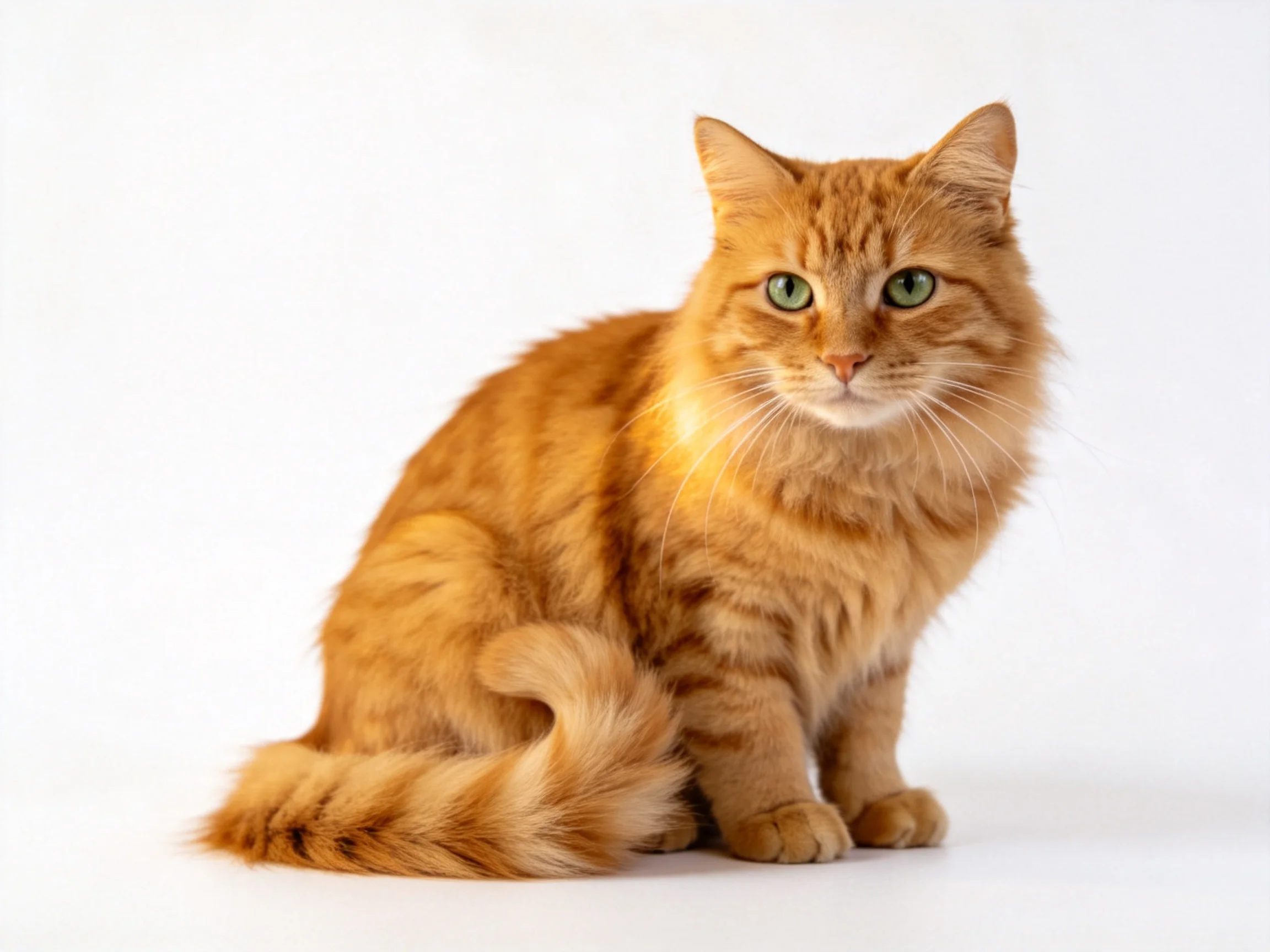 An orange tabby cat sits calmly on a white surface.