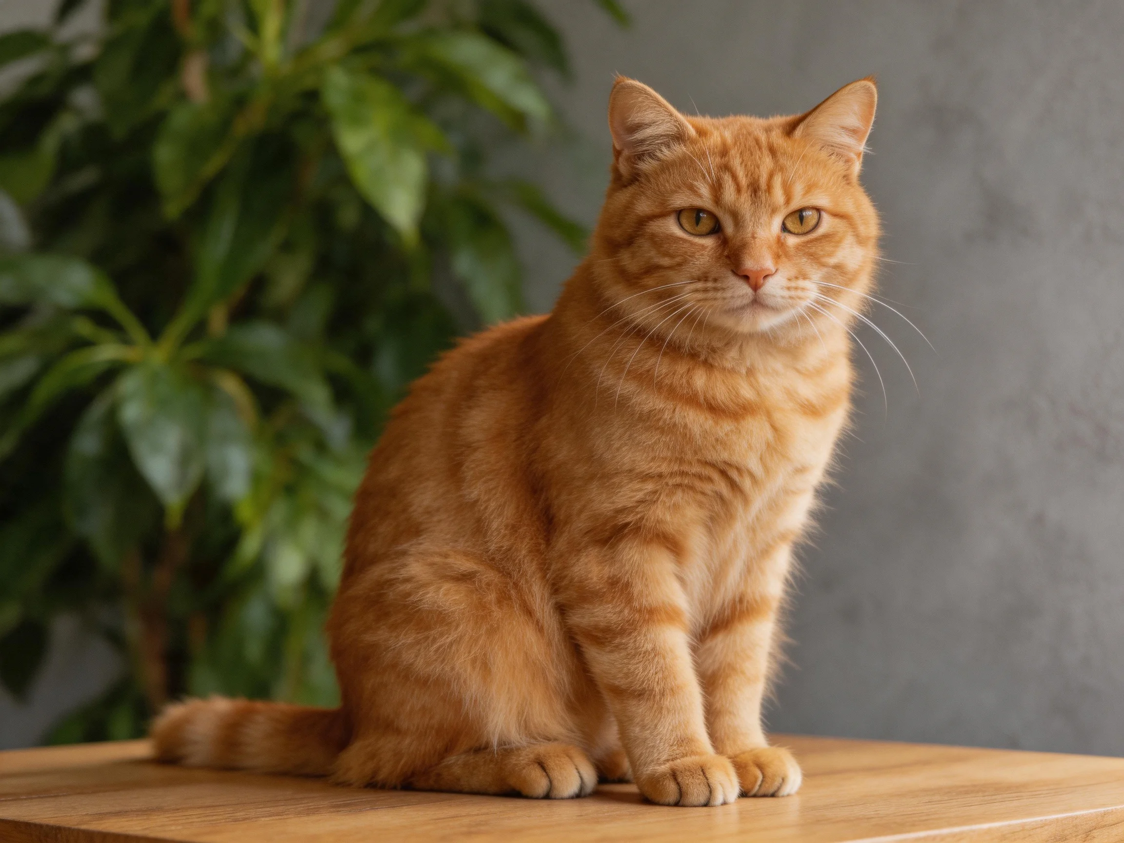 A fluffy orange tabby cat sits on a wooden table with green plants nearby