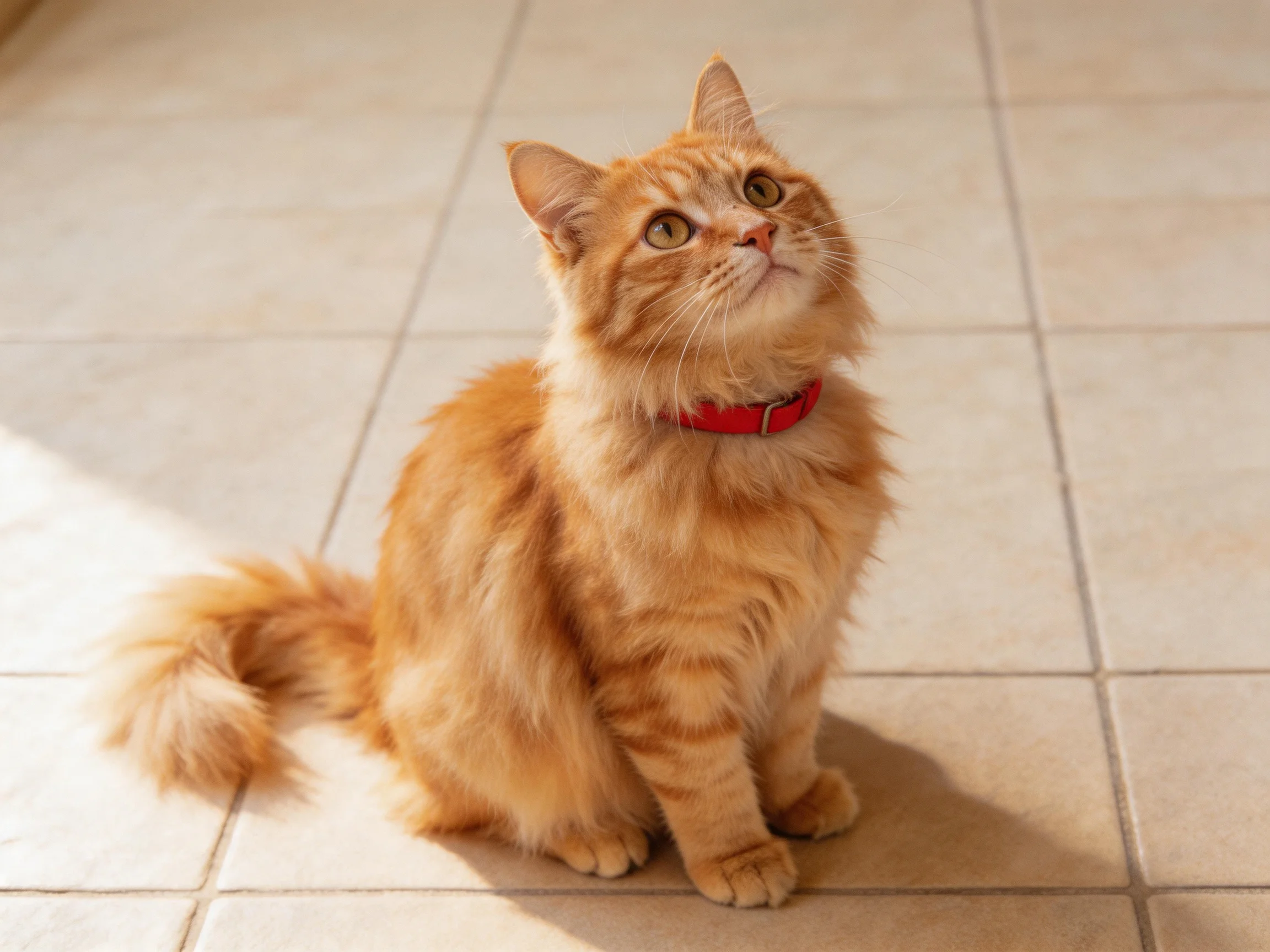 An orange tabby cat with a red collar rests on beige tiles.
