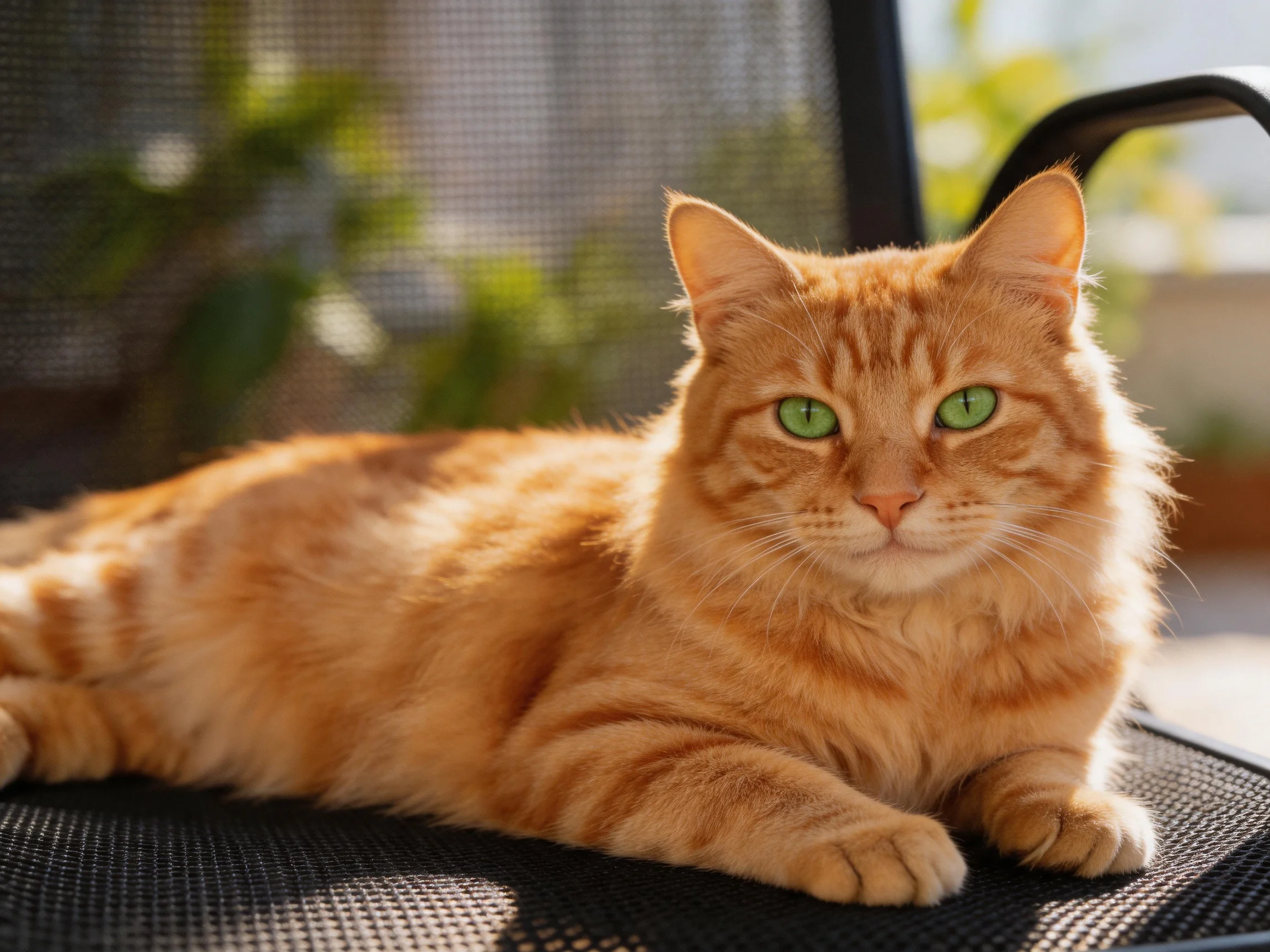 An orange tabby cat with green eyes relaxes on a mesh chair in sunlight.