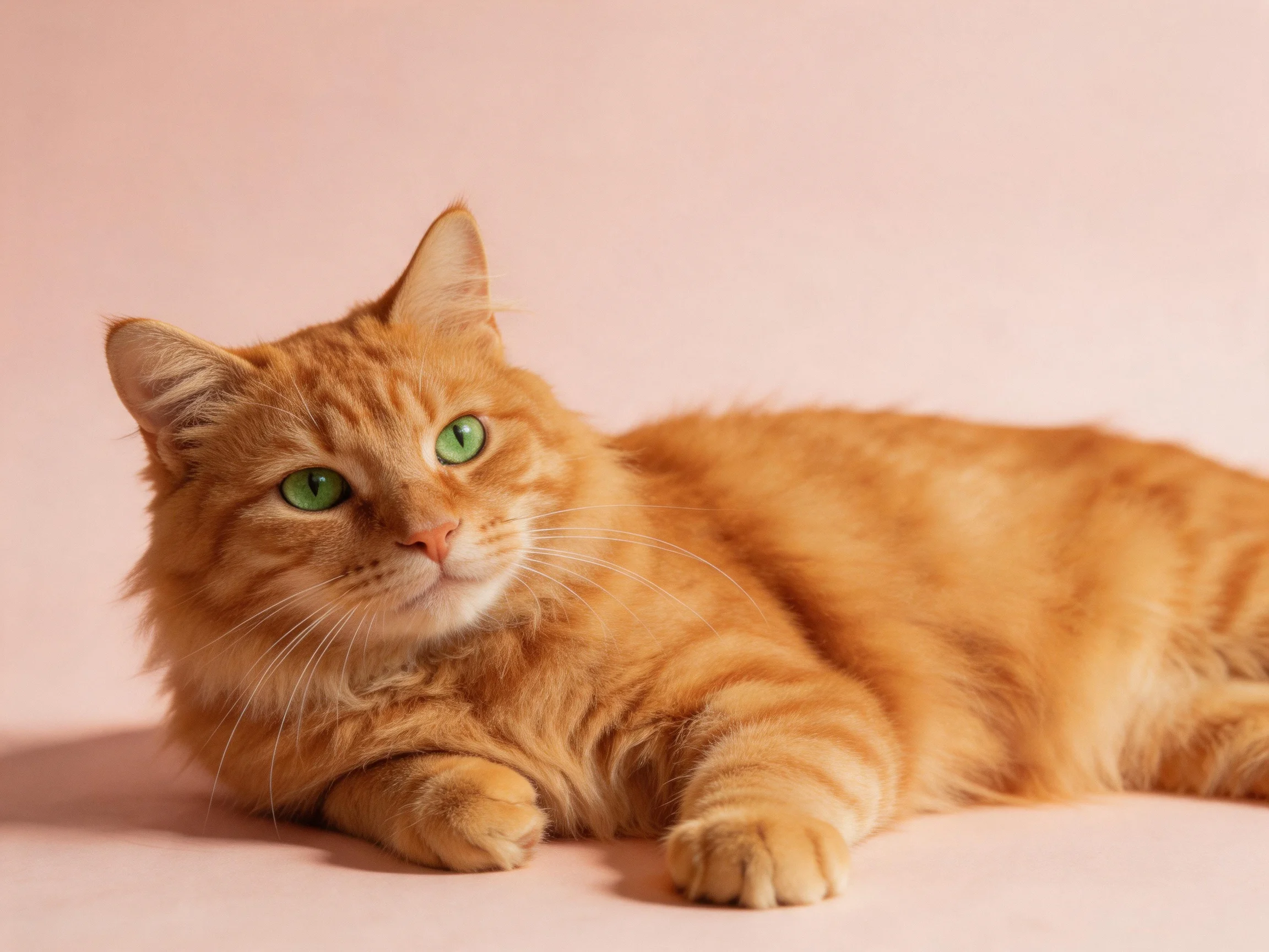 Orange tabby cat with green eyes lies calmly on a pink surface.