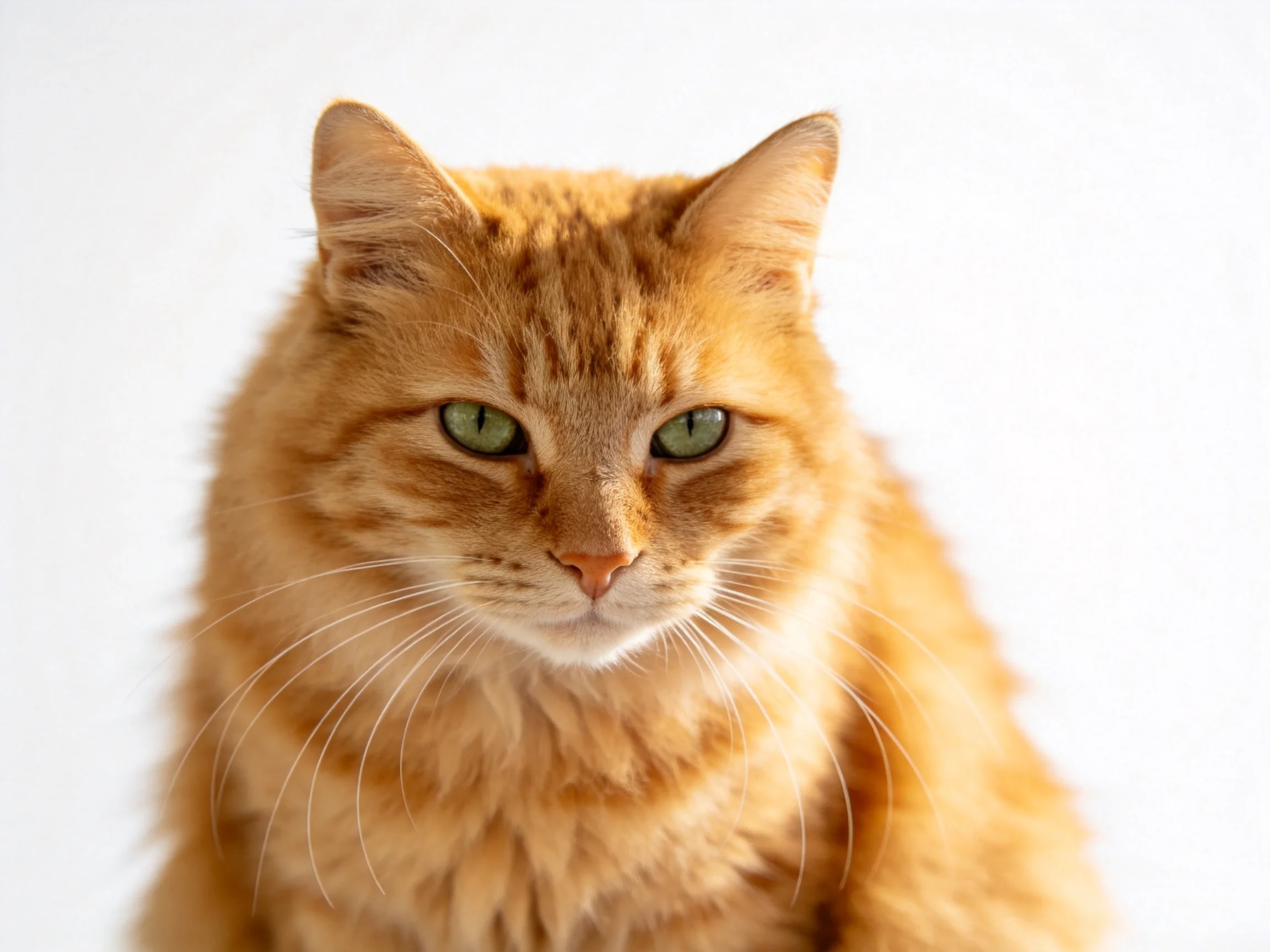 An orange tabby cat with green eyes rests against a plain white backdrop.
