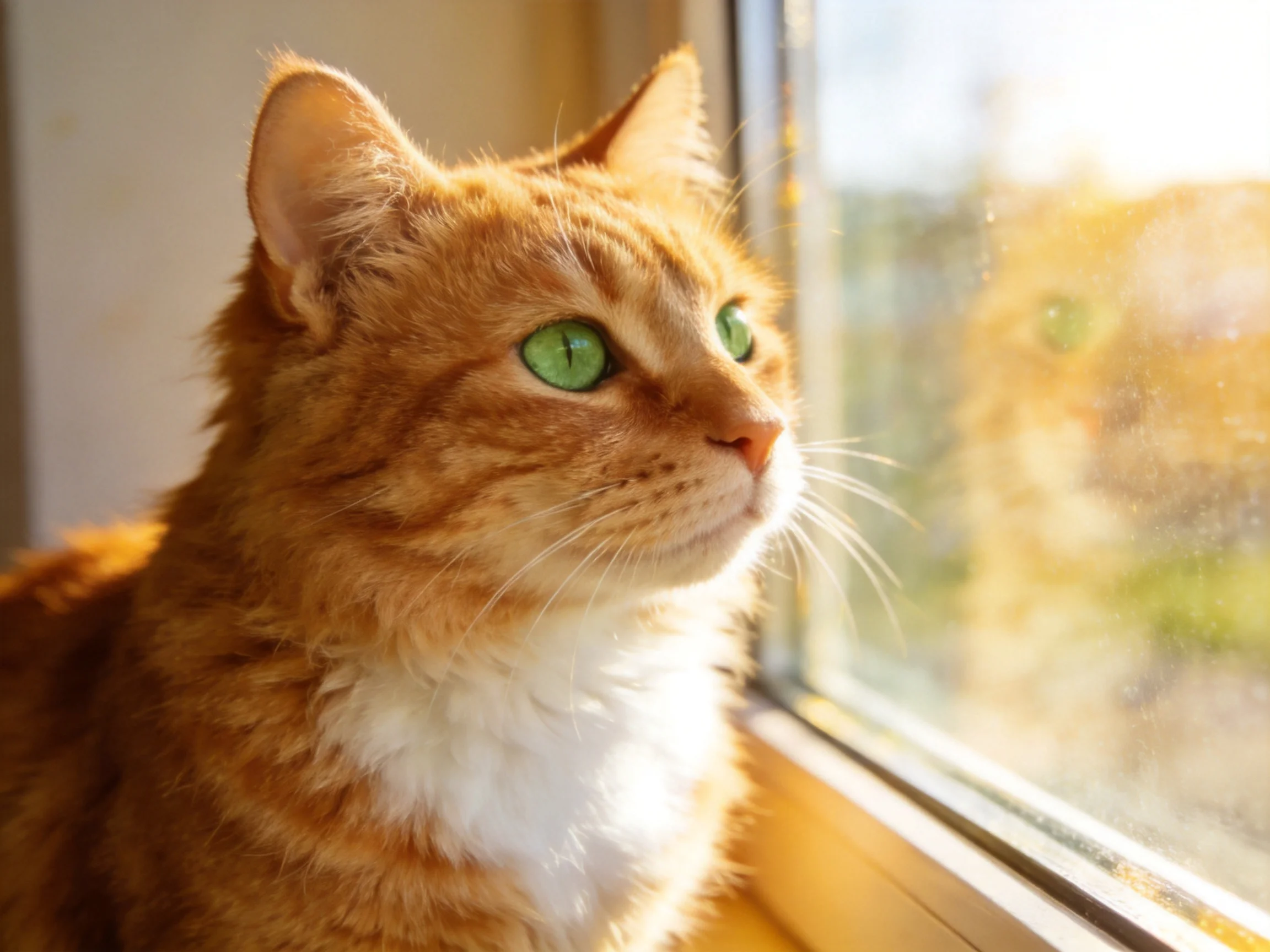 A fluffy orange tabby cat with green eyes gazes out from a sunlit window.