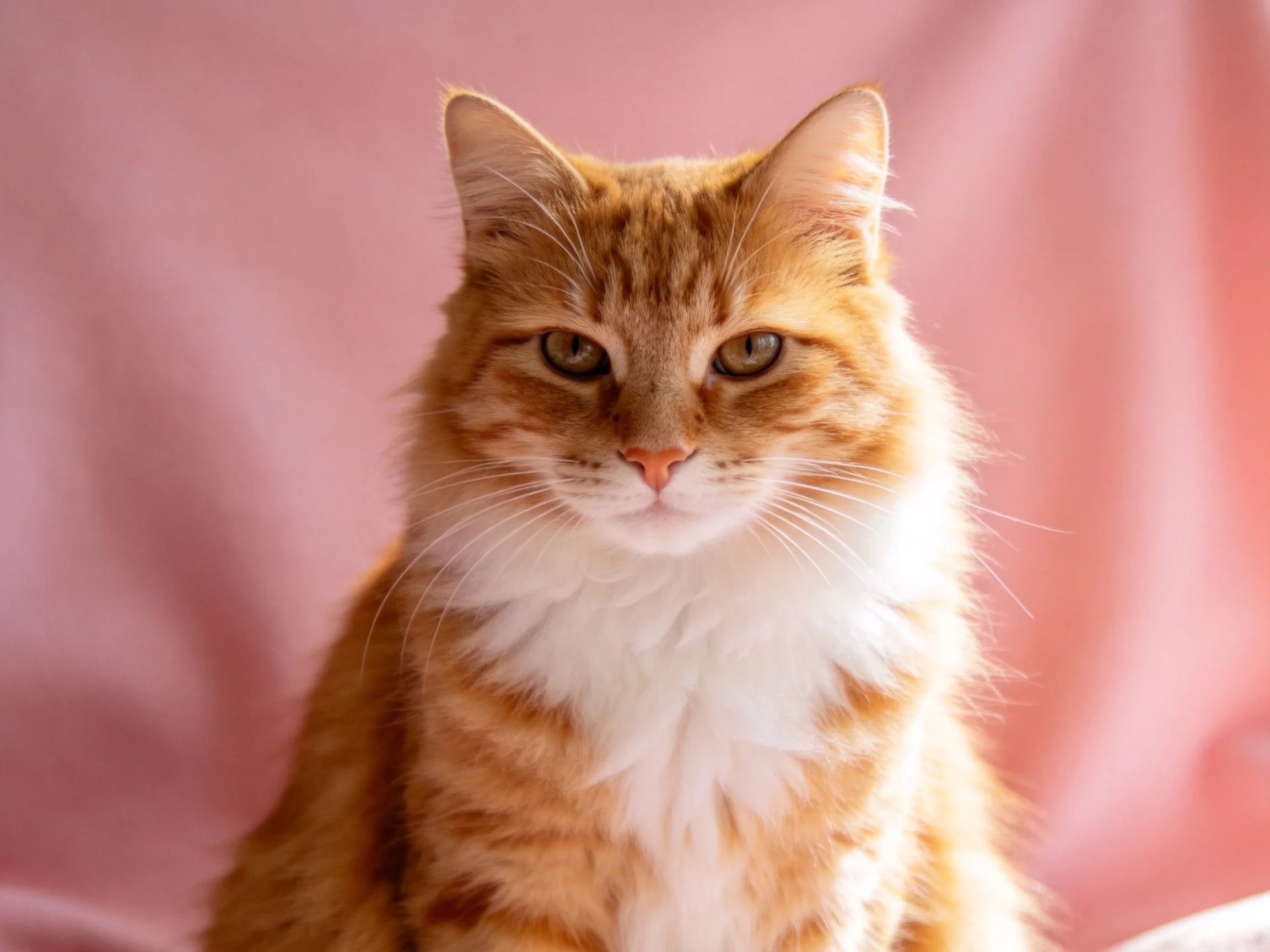 A fluffy orange tabby cat with white chest rests near soft pink fabric.